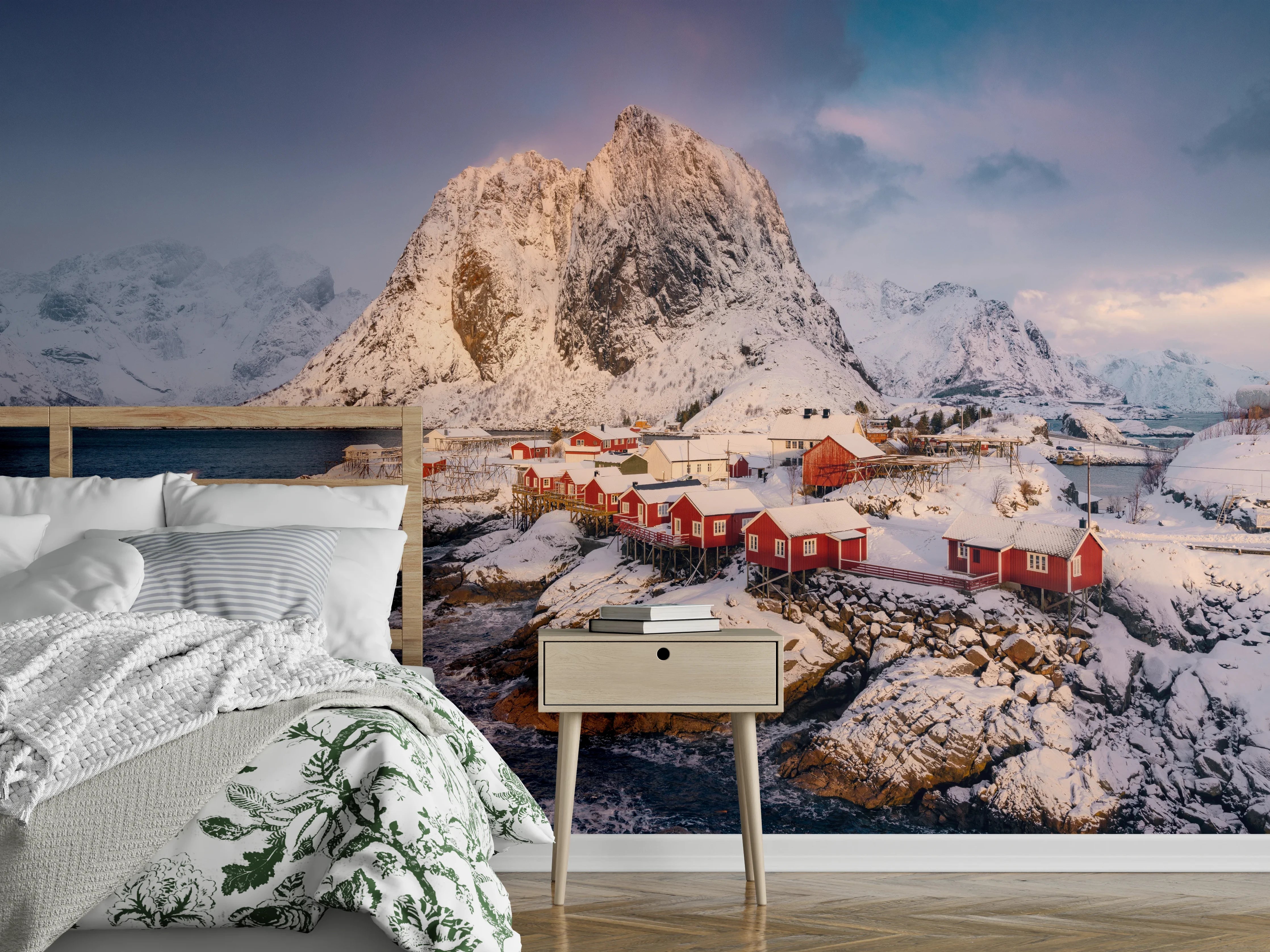 Wandverkleidung Schlafzimmer - Winterliche Fjordlandschaft mit roten Häusern