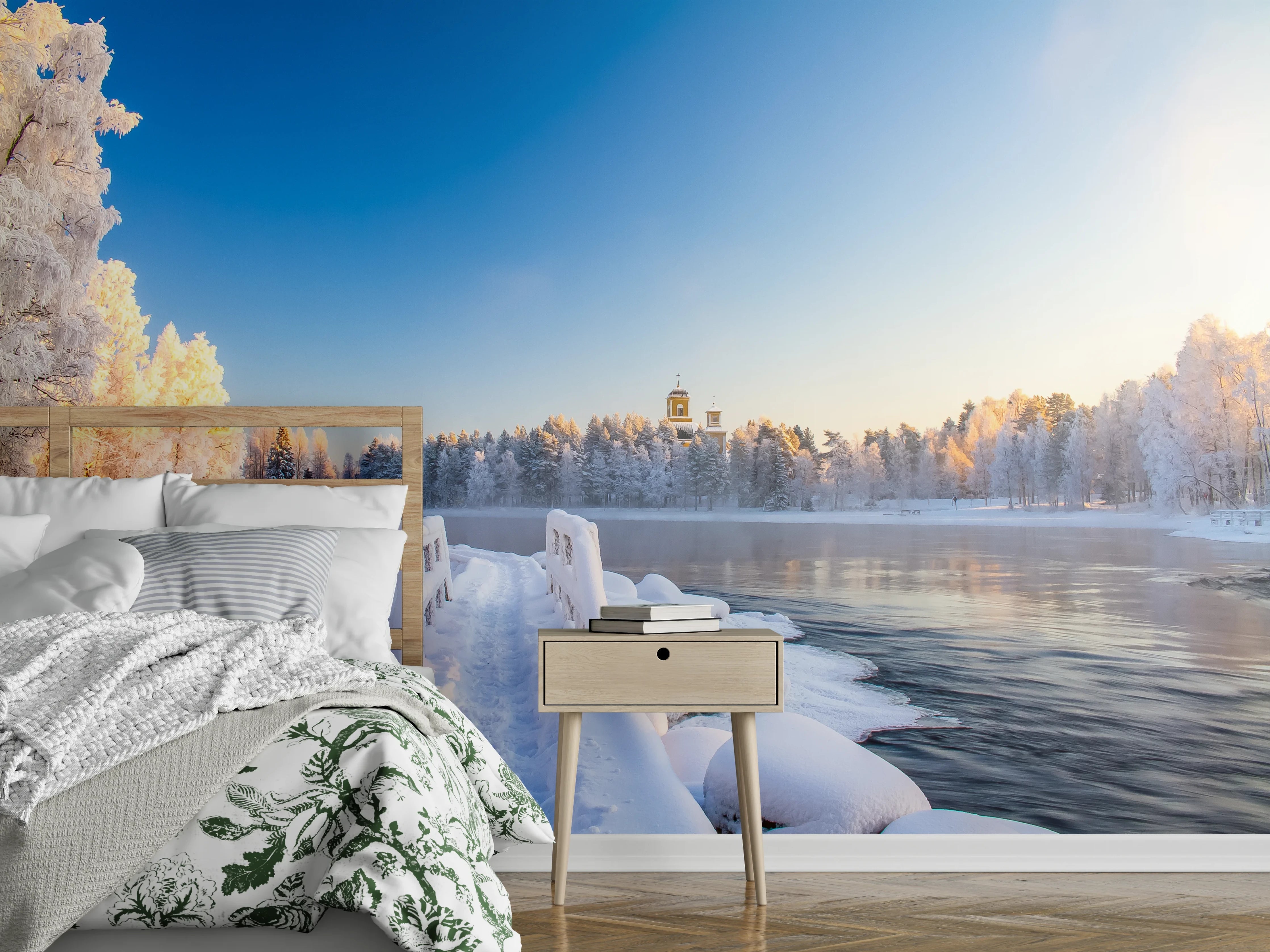 Wandverkleidung Schlafzimmer - Winterliche Flusslandschaft mit verschneiter Brücke