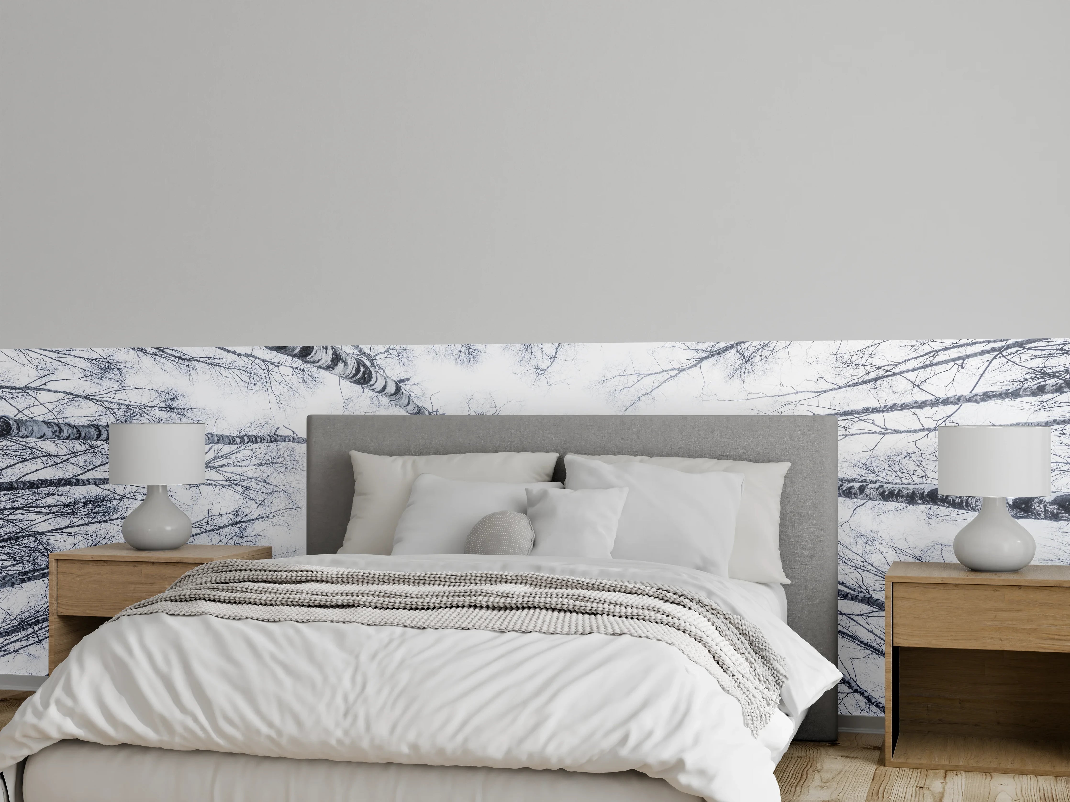 Wandverkleidung Schlafzimmer - Winterlicher Birkenwald Schwarz-Weiß