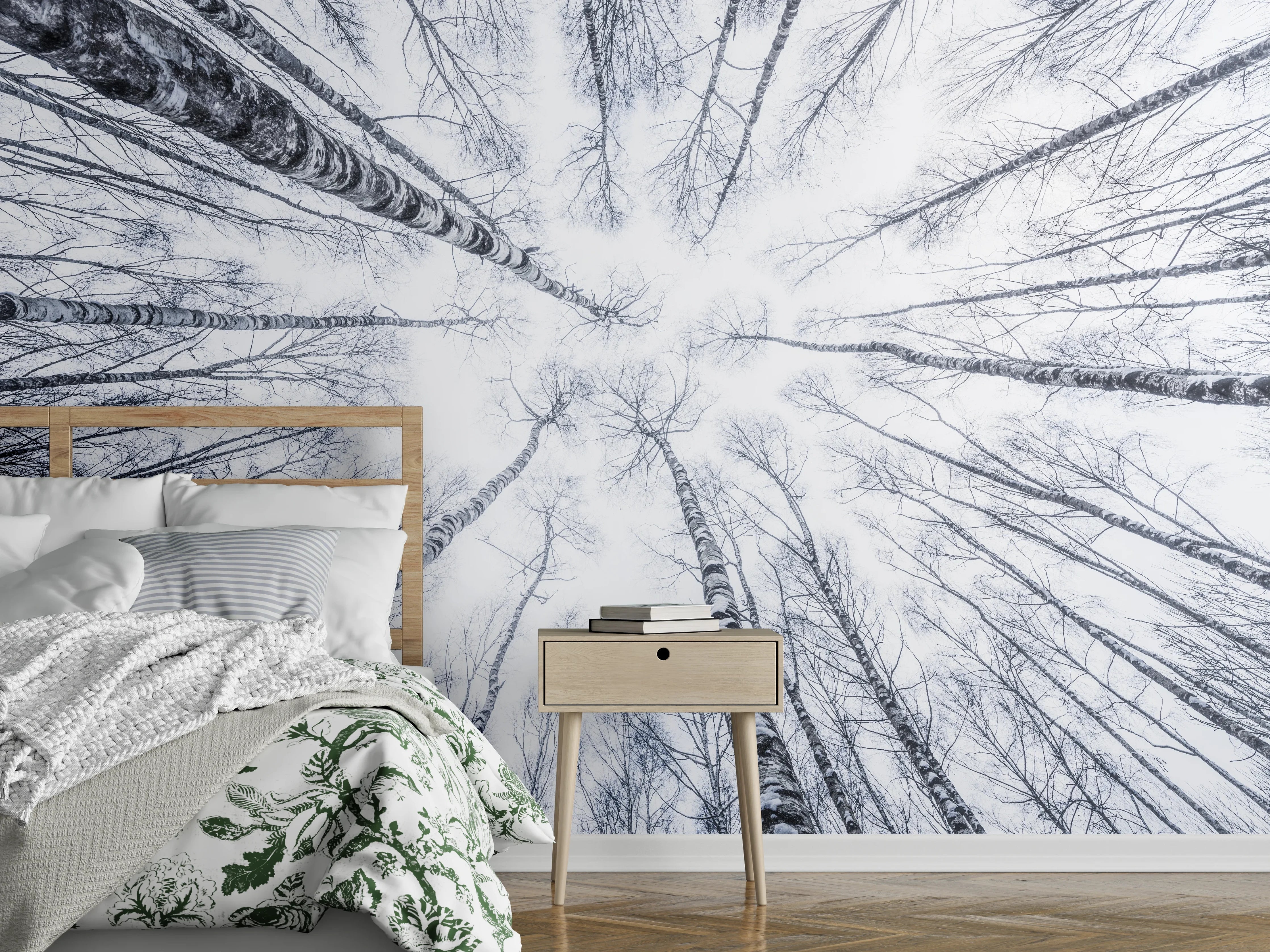 Wandverkleidung Schlafzimmer - Winterlicher Birkenwald Schwarz-Weiß