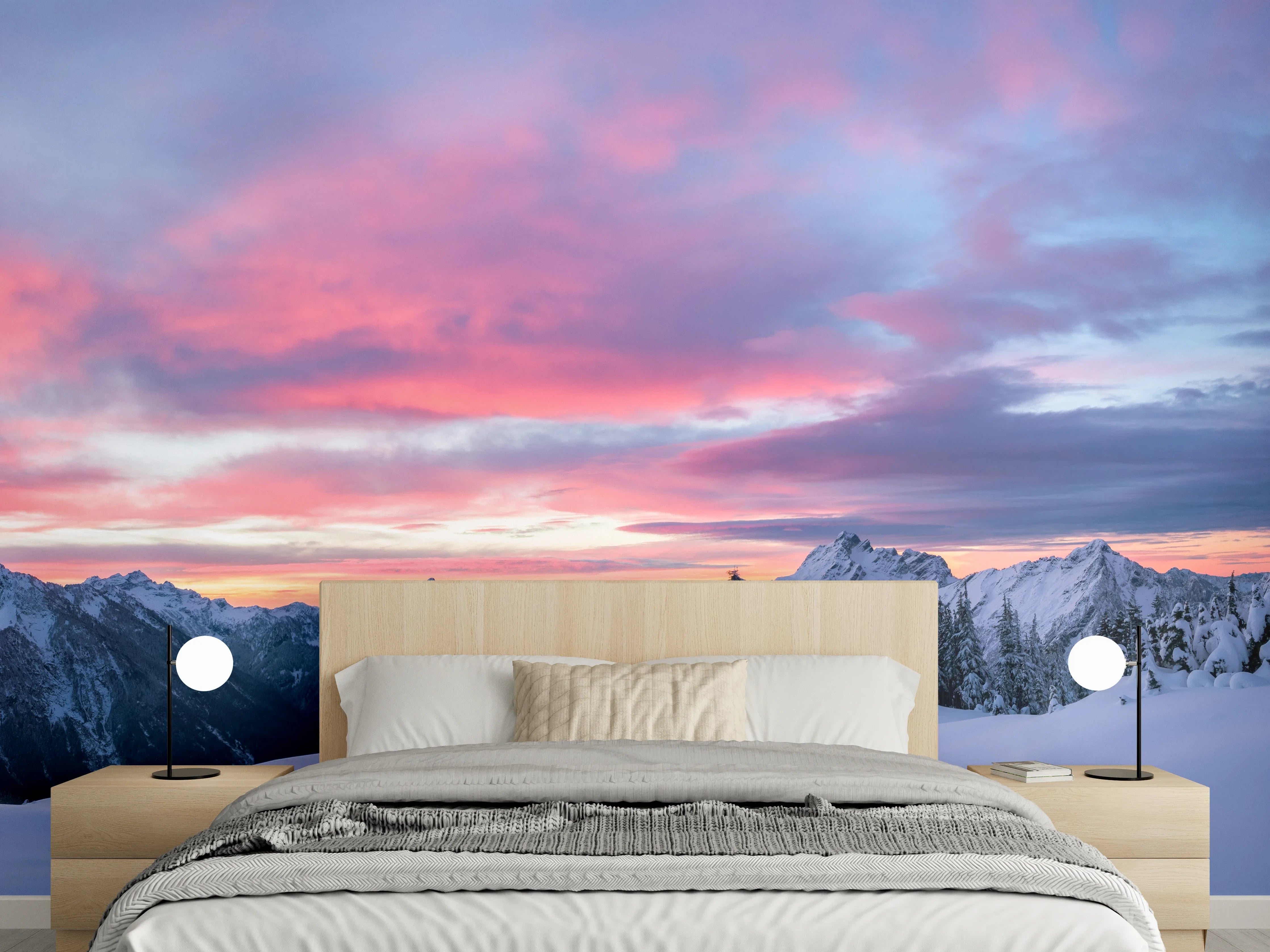 Wandverkleidung Schlafzimmer - Wintersonne über verschneiten Bergen