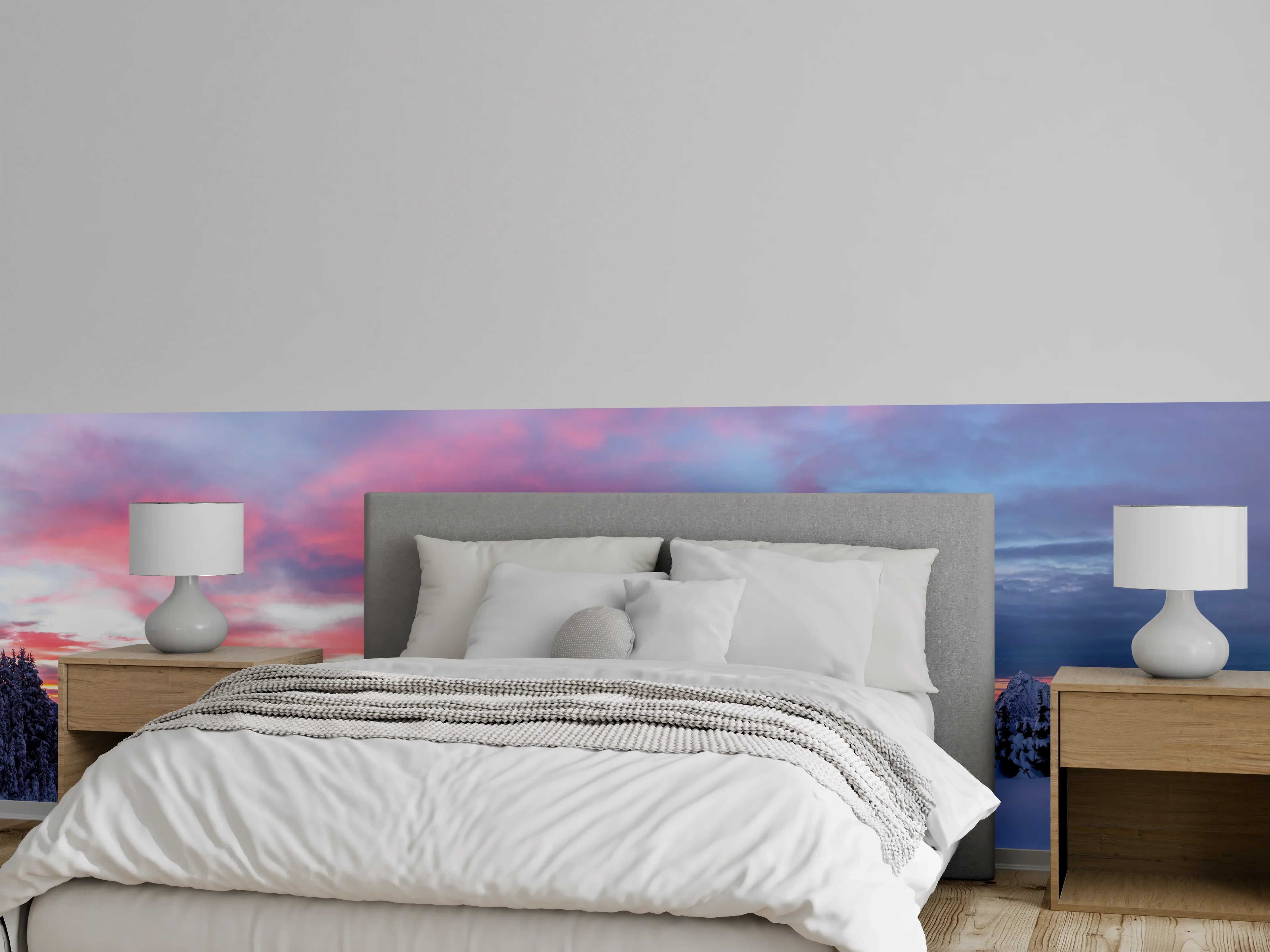 Wandverkleidung Schlafzimmer - Wintersonne über verschneiten Bergen