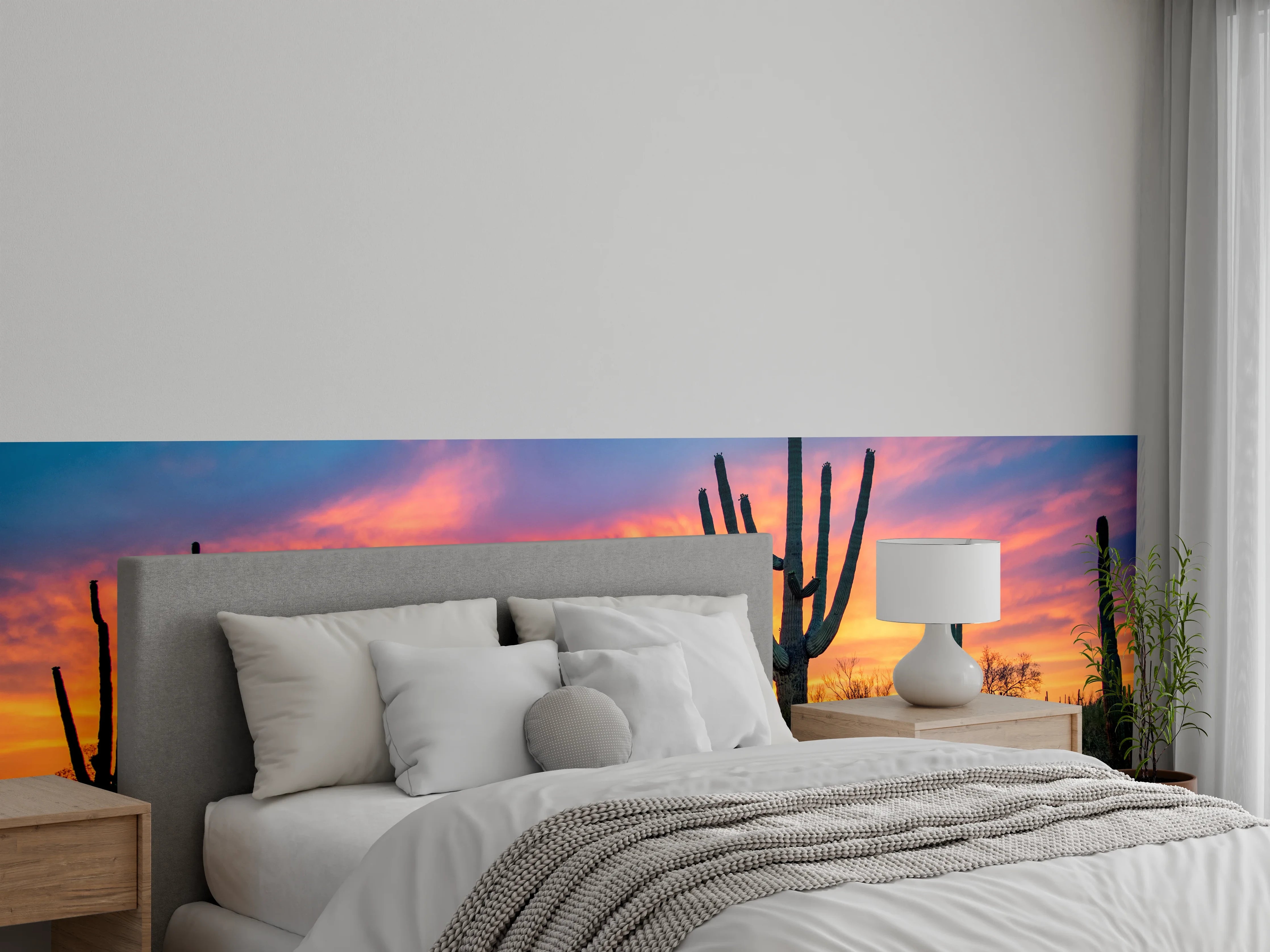 Wandverkleidung Schlafzimmer - Wüstenkaktus bei Sonnenuntergang Fototapete