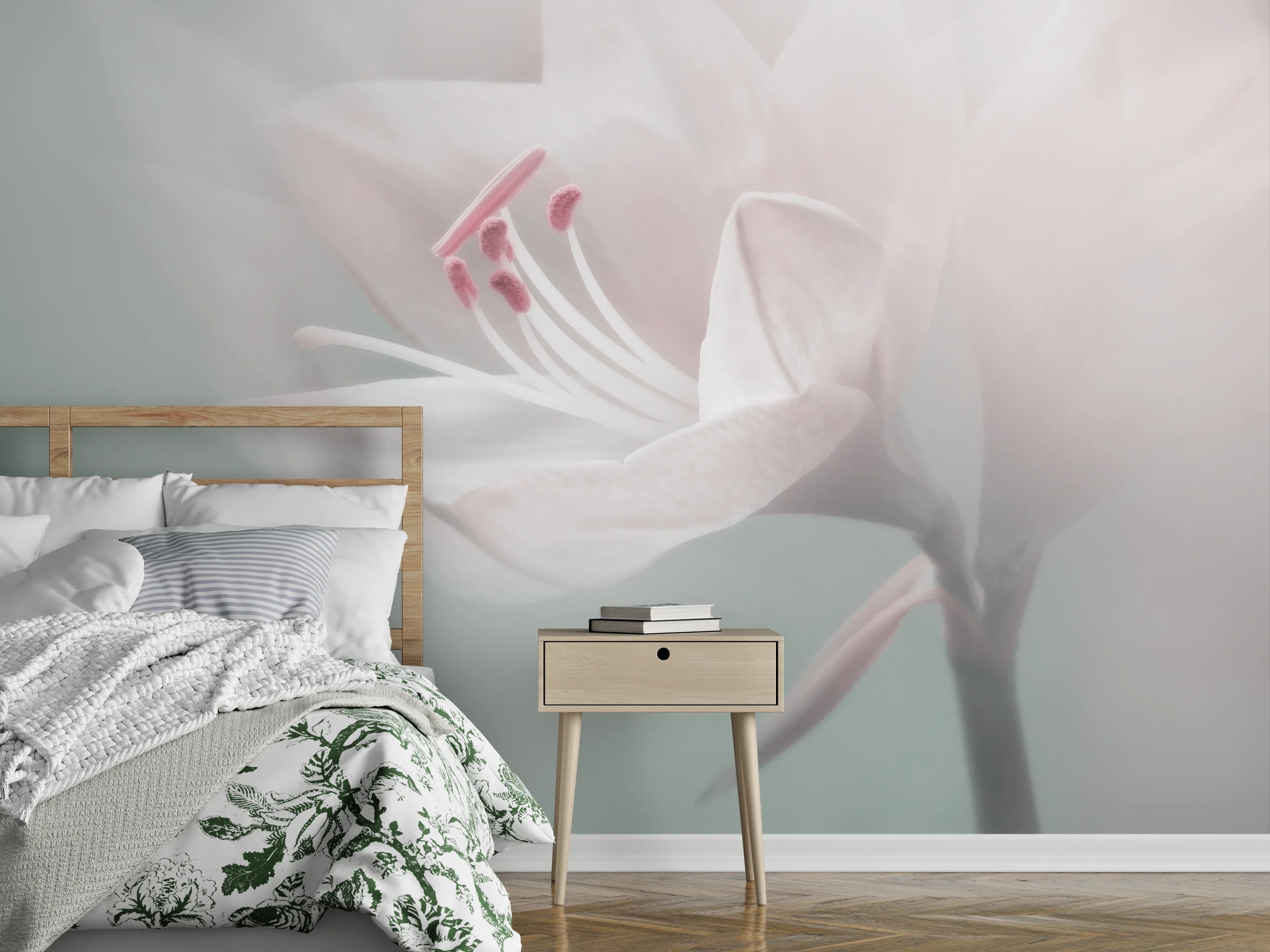 Wandverkleidung Schlafzimmer - Zarte Blüte in Weiß und Rosa