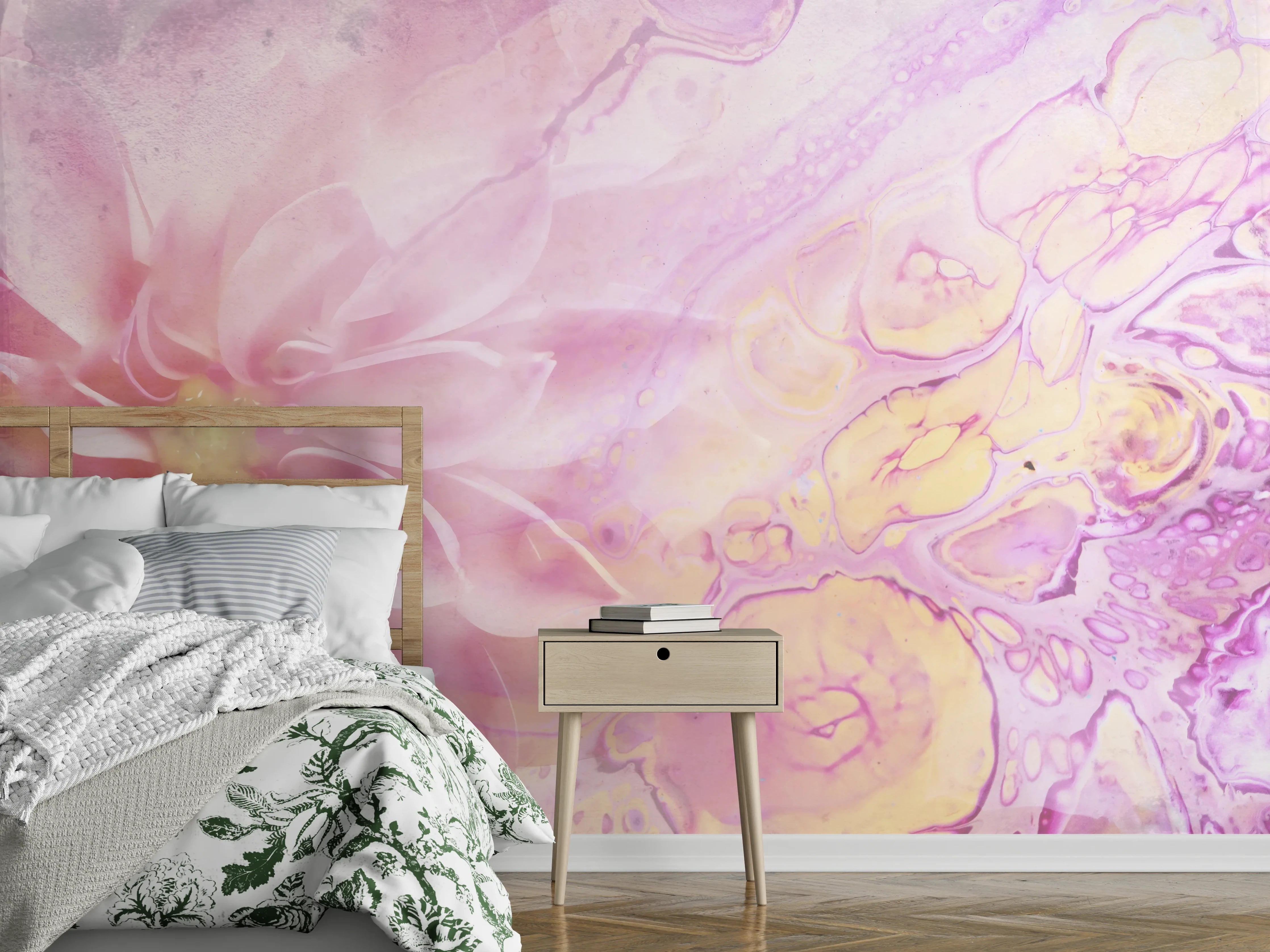 Wandverkleidung Schlafzimmer - Zarte Blüten in Marmoroptik Rosa