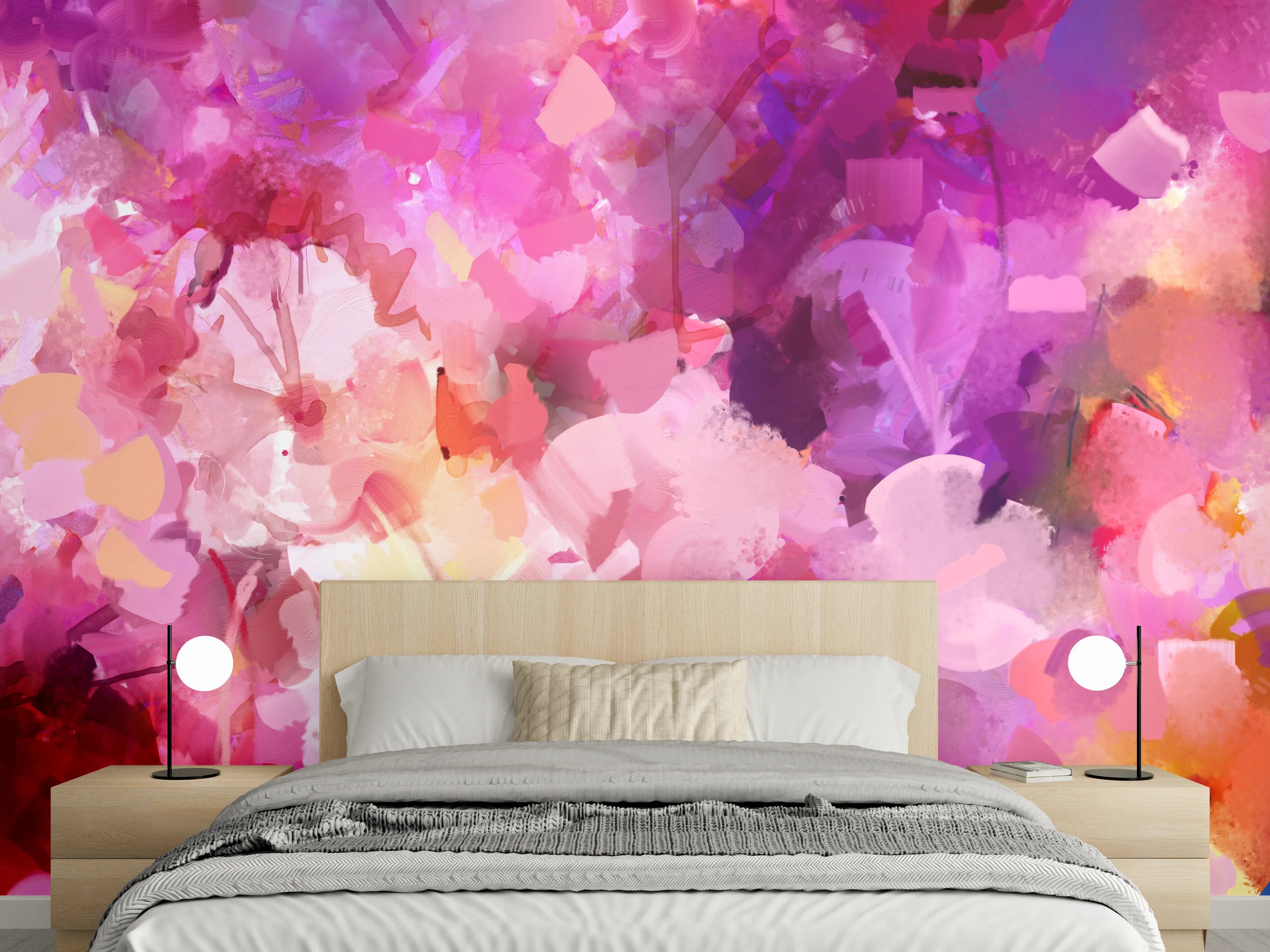 Wandverkleidung Schlafzimmer - Zarte Blüten in Rosa und Grau