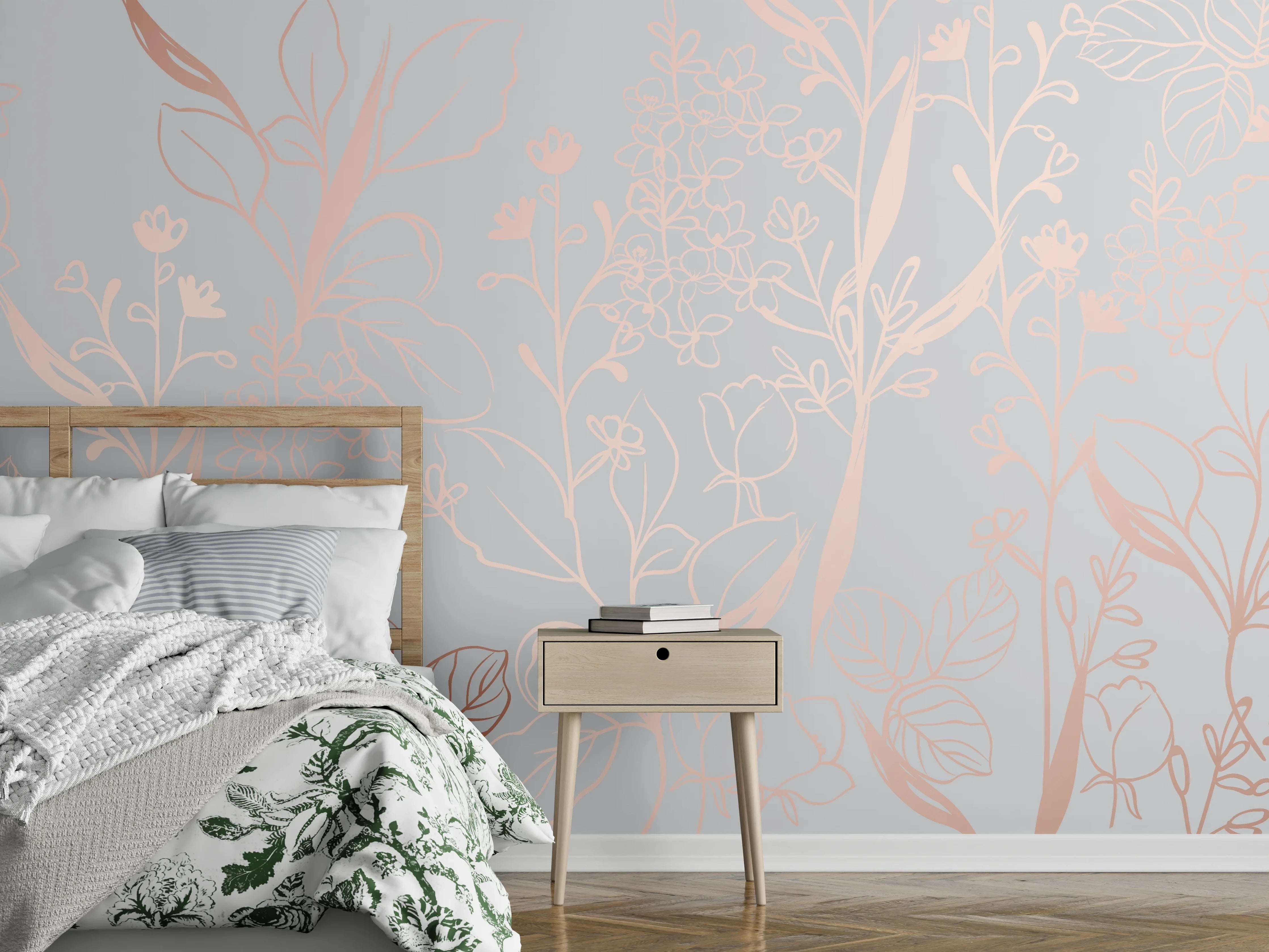 Wandverkleidung Schlafzimmer - Zarte Blütenillustration Beige-Rosa