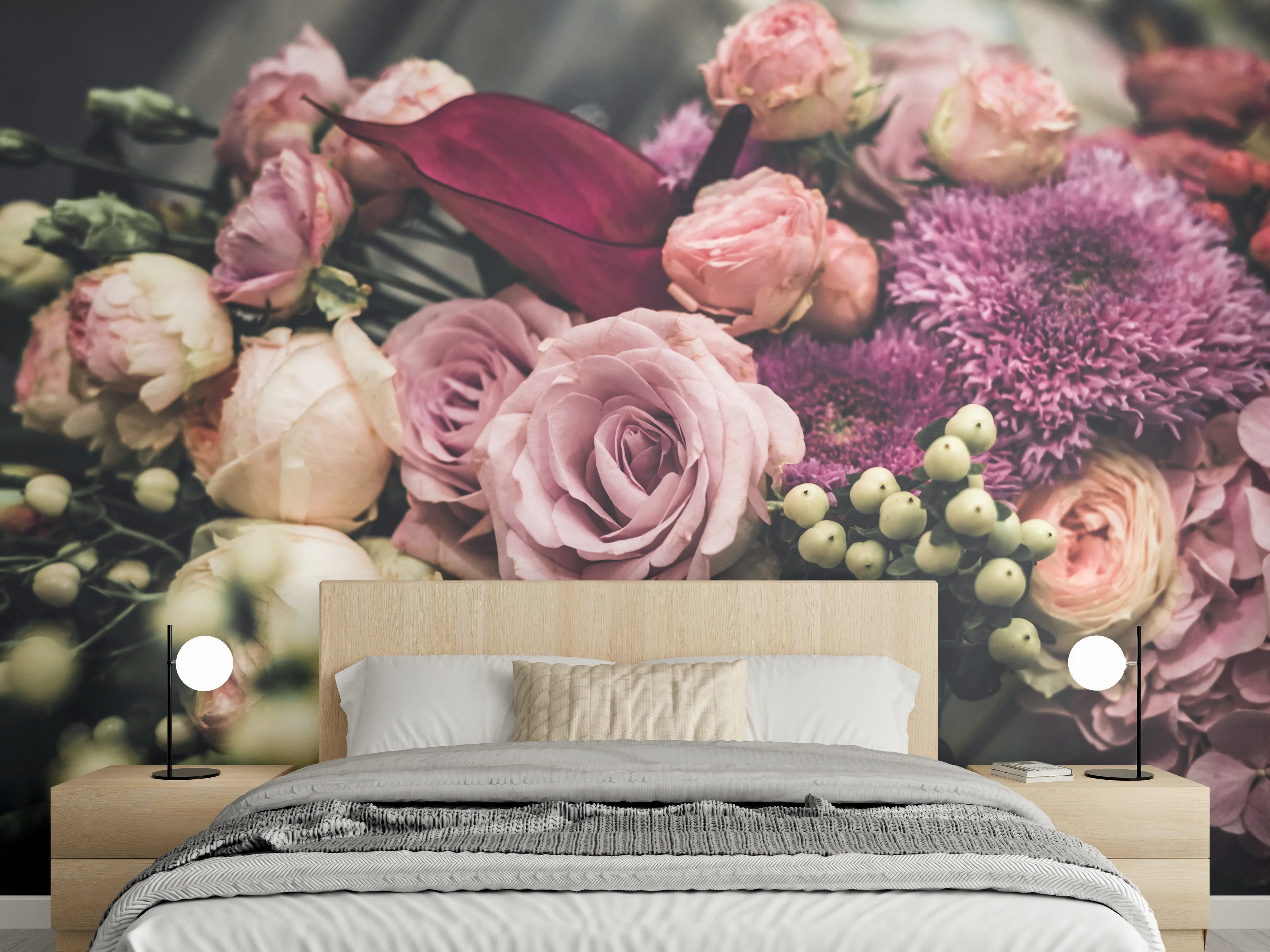 Wandverkleidung Schlafzimmer - Zarte Blumengräser in Pastellgrau