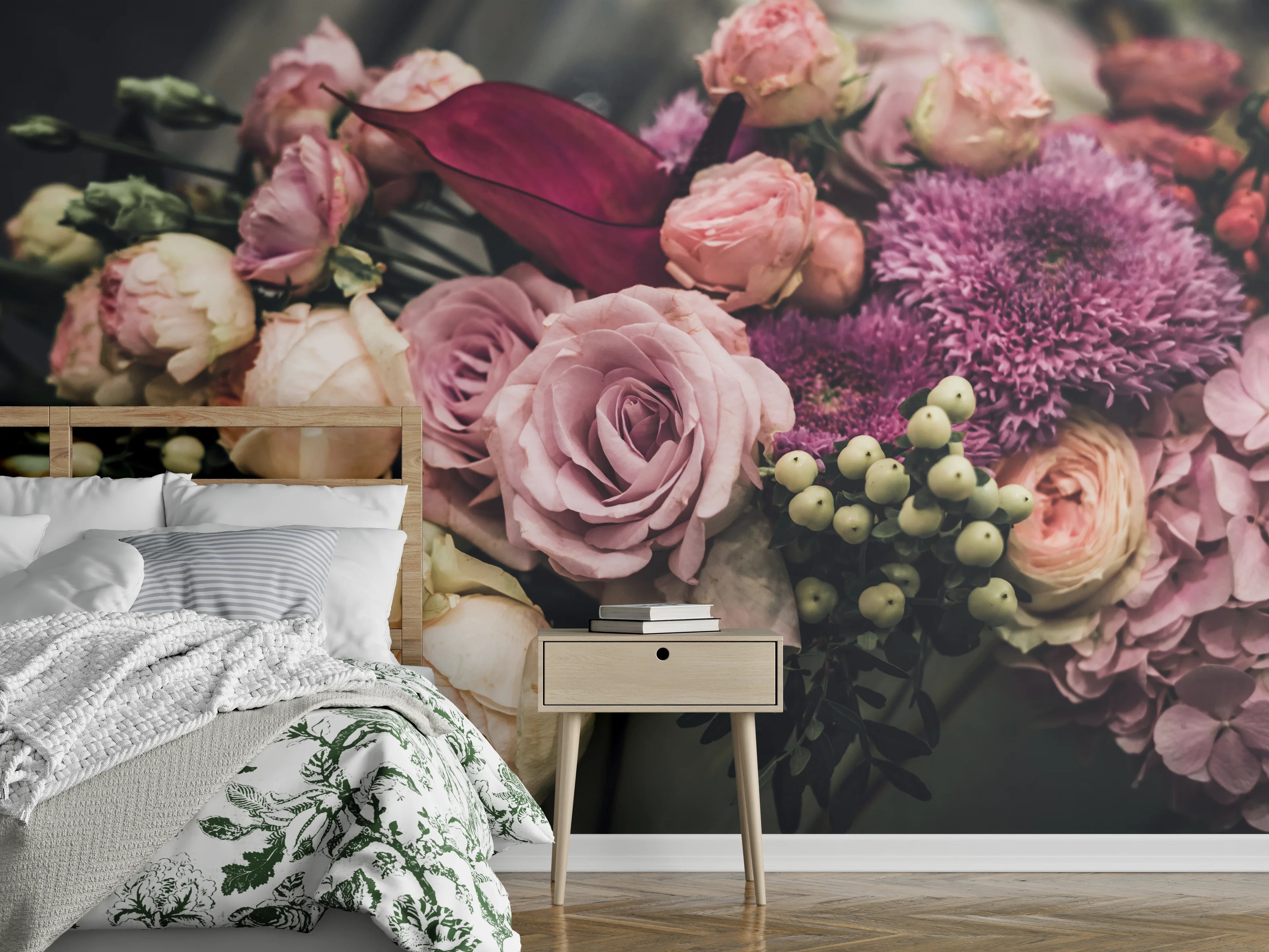 Wandverkleidung Schlafzimmer - Zarte Blumengräser in Pastellgrau