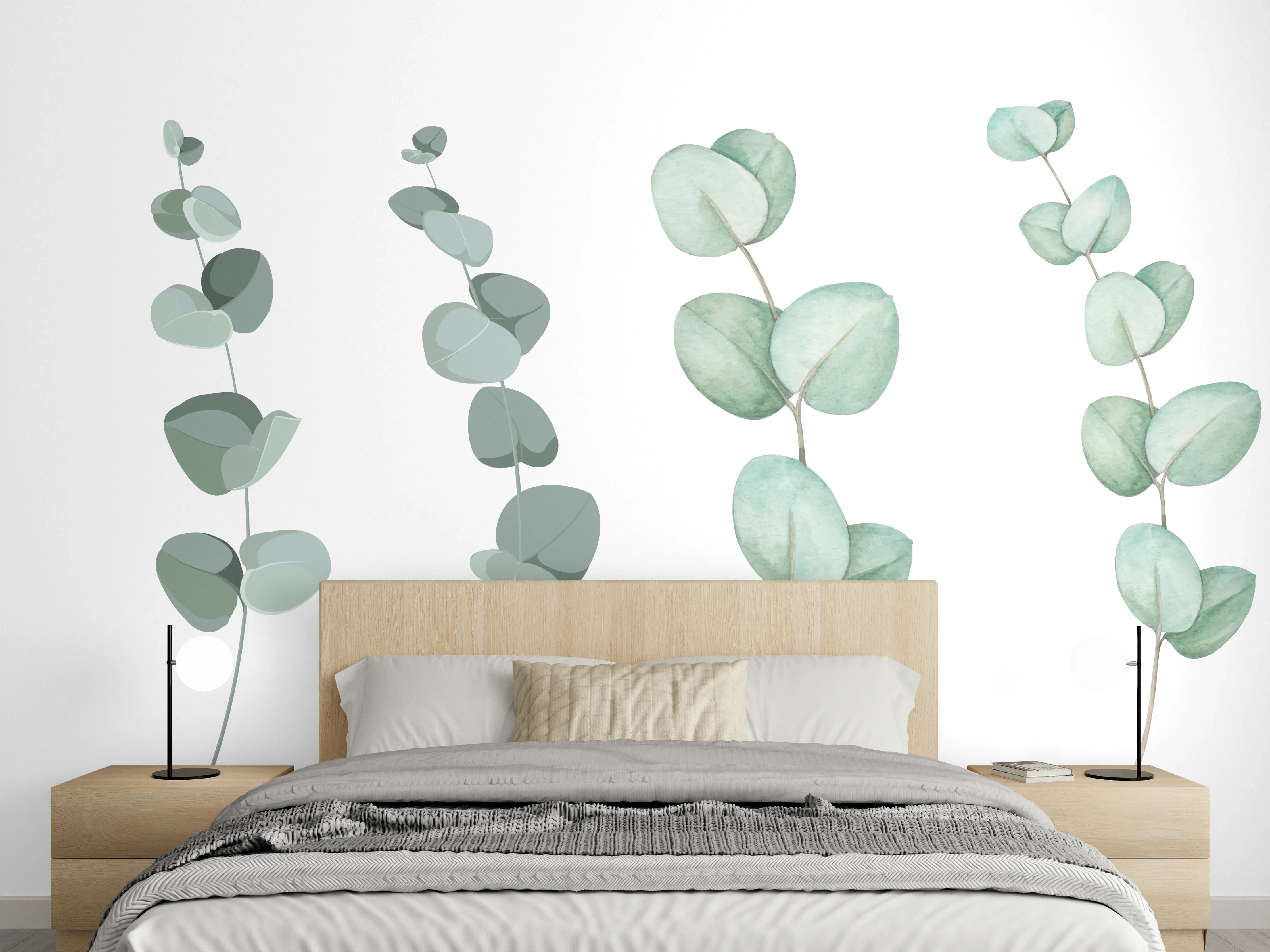 Wandverkleidung Schlafzimmer - Zarte Eukalyptus Aquarell-Motive