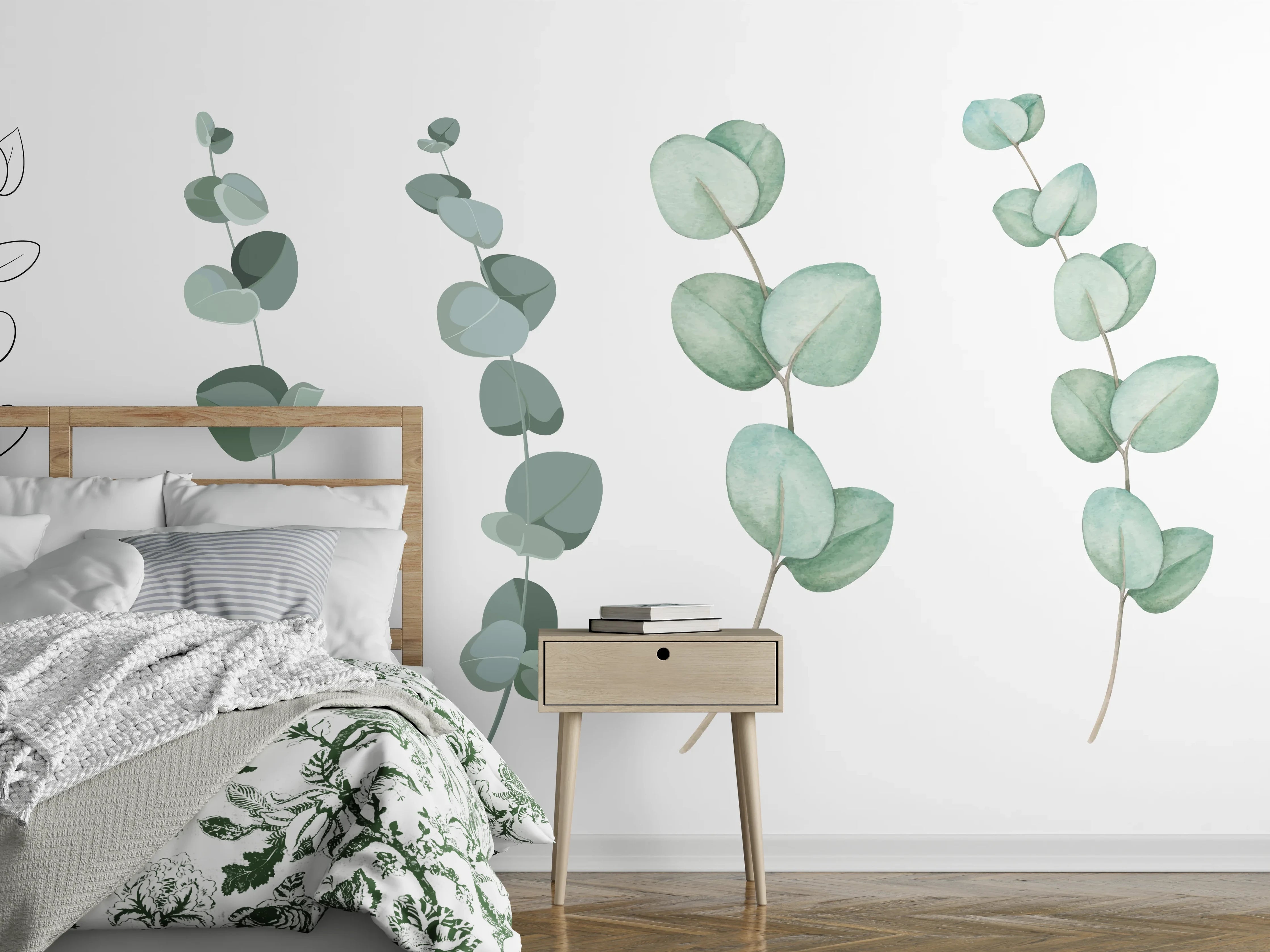Wandverkleidung Schlafzimmer - Zarte Eukalyptus Aquarell-Motive