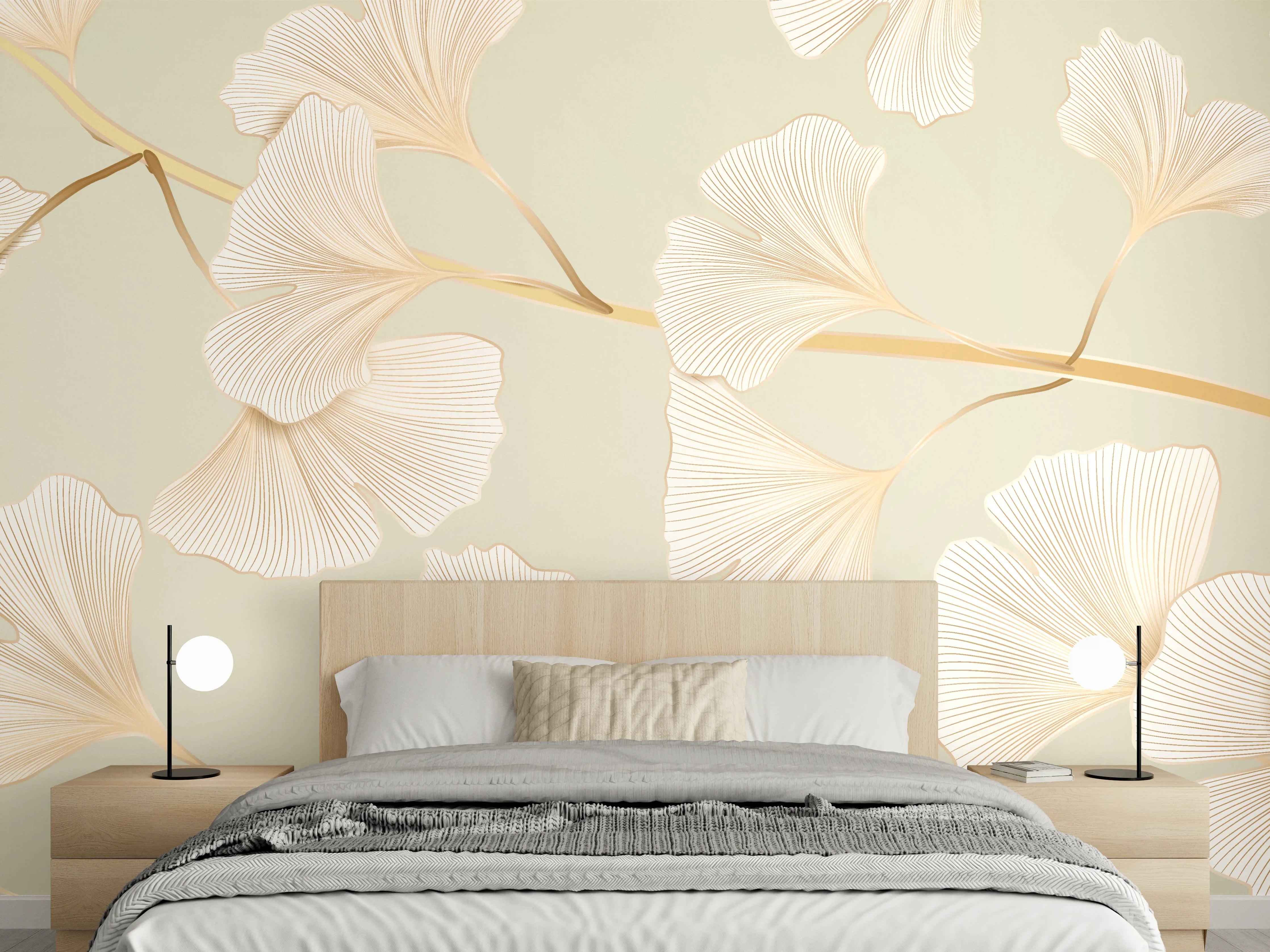 Wandverkleidung Schlafzimmer - Zarte Ginkgo-Blatt-Muster