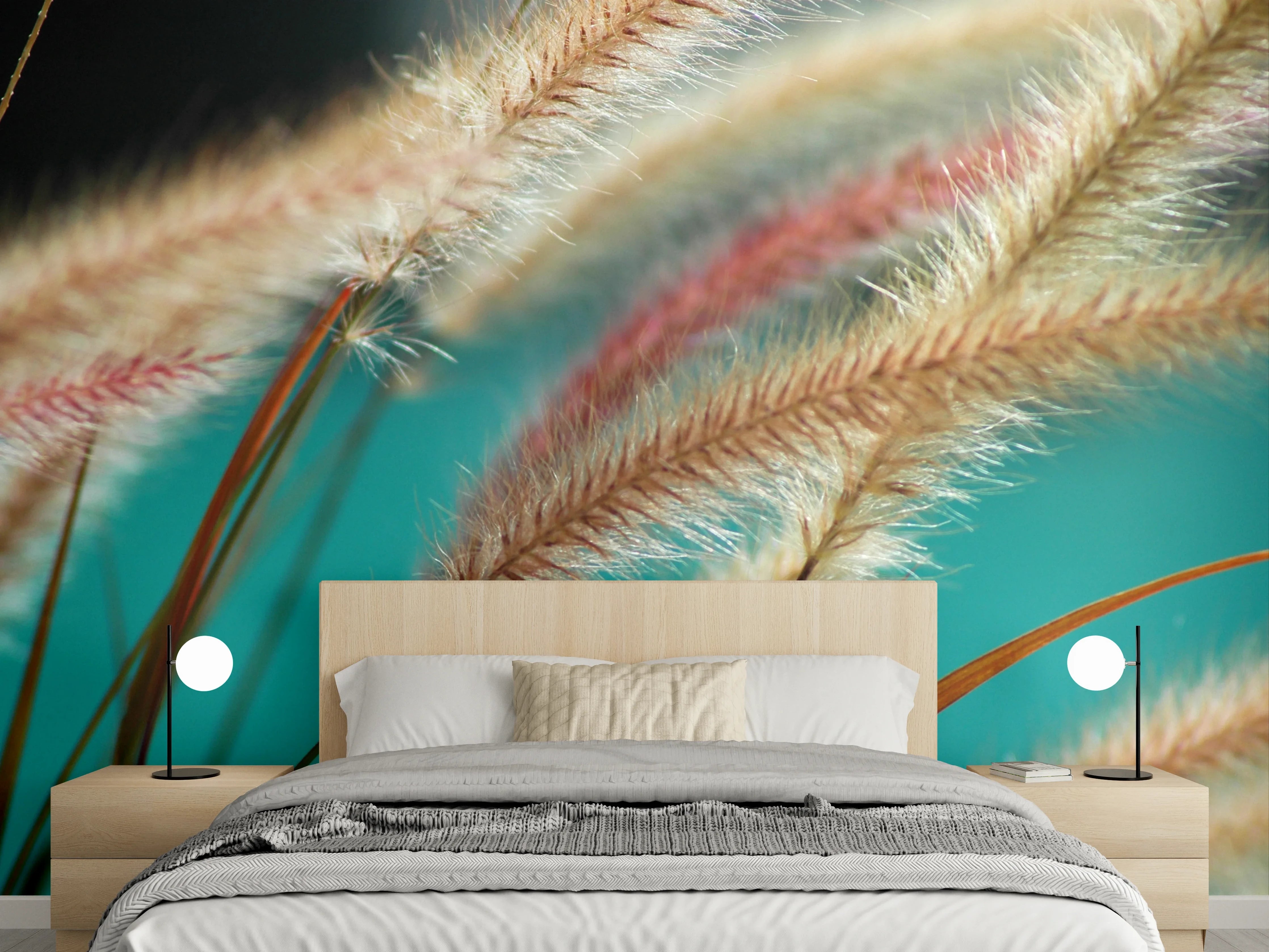 Wandverkleidung Schlafzimmer - Zarte Gräser vor türkisfarbenem Hintergrund