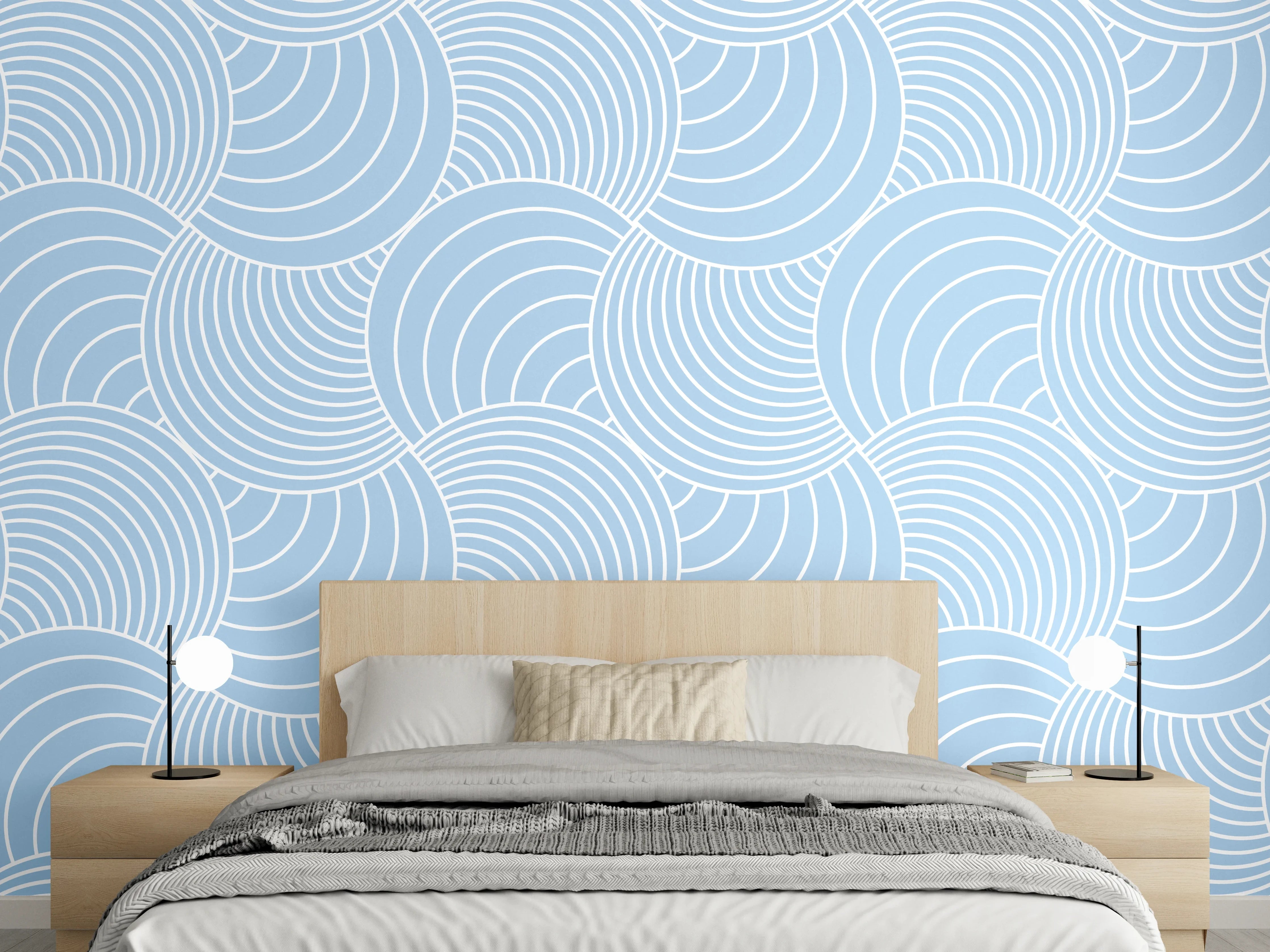 Wandverkleidung Schlafzimmer - Zarte Grauwellen auf hellem Blau