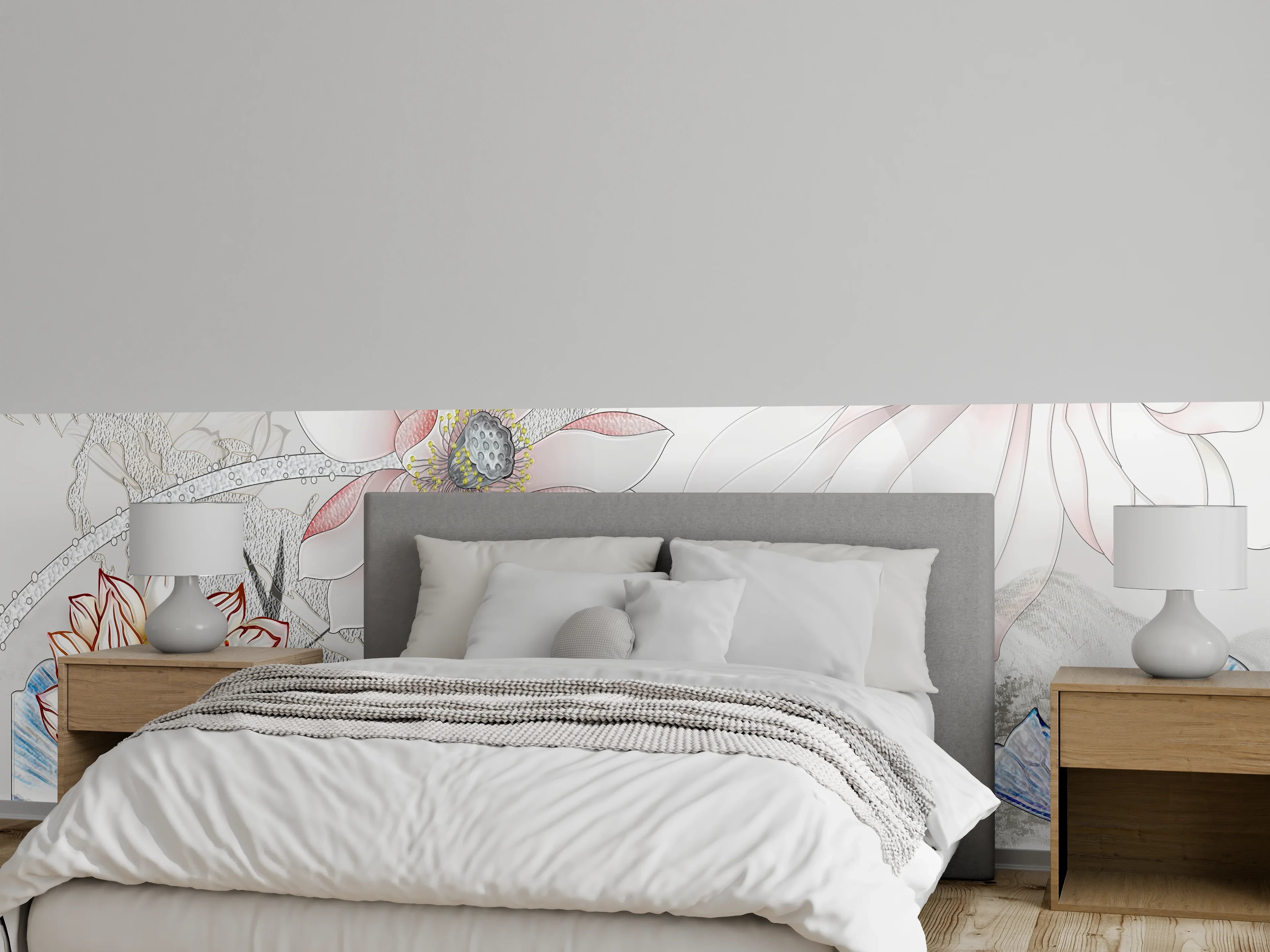 Wandverkleidung Schlafzimmer - Zarte Lotusblüten und Koi Fische Kunst