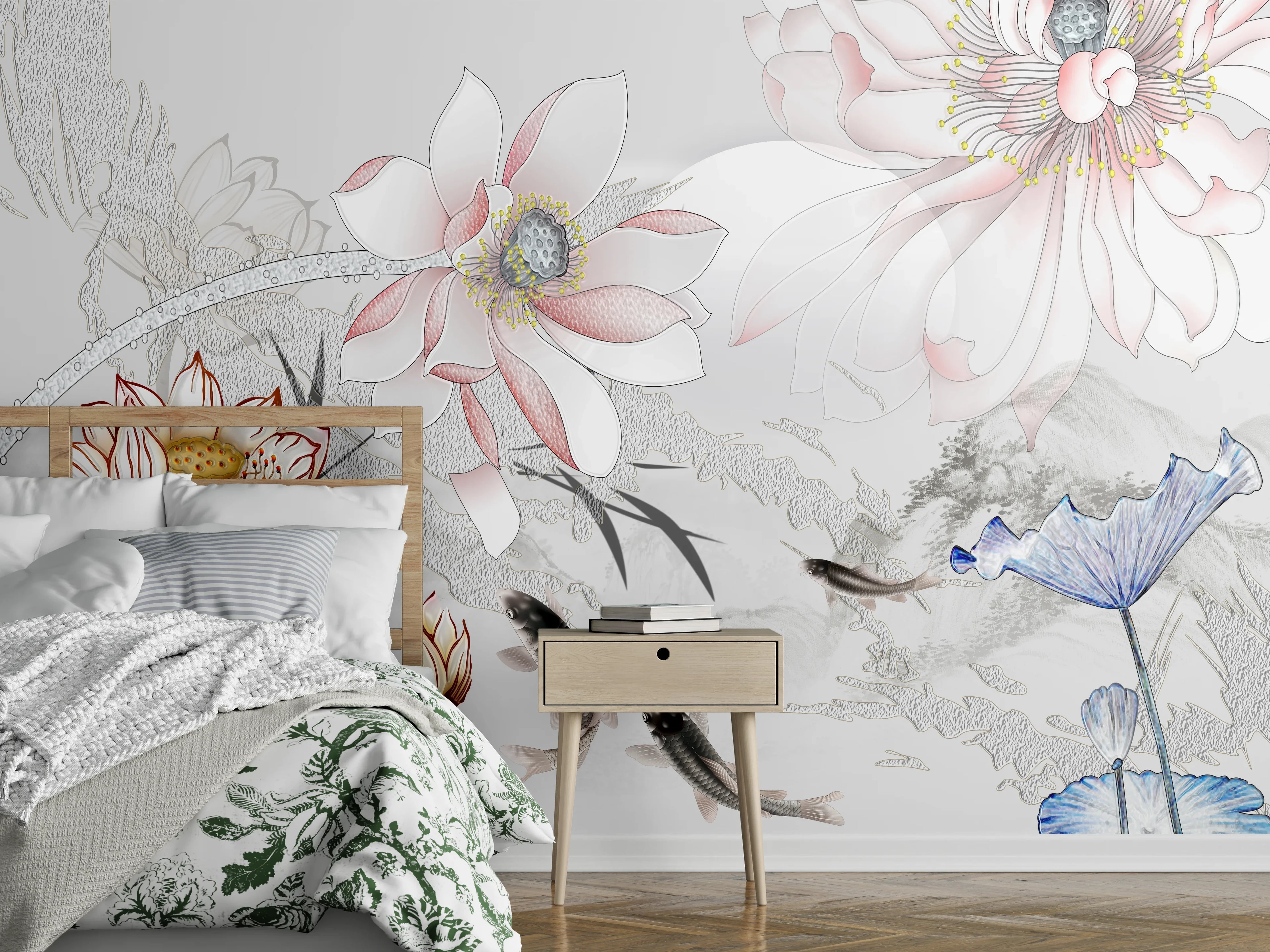 Wandverkleidung Schlafzimmer - Zarte Lotusblüten und Koi Fische Kunst