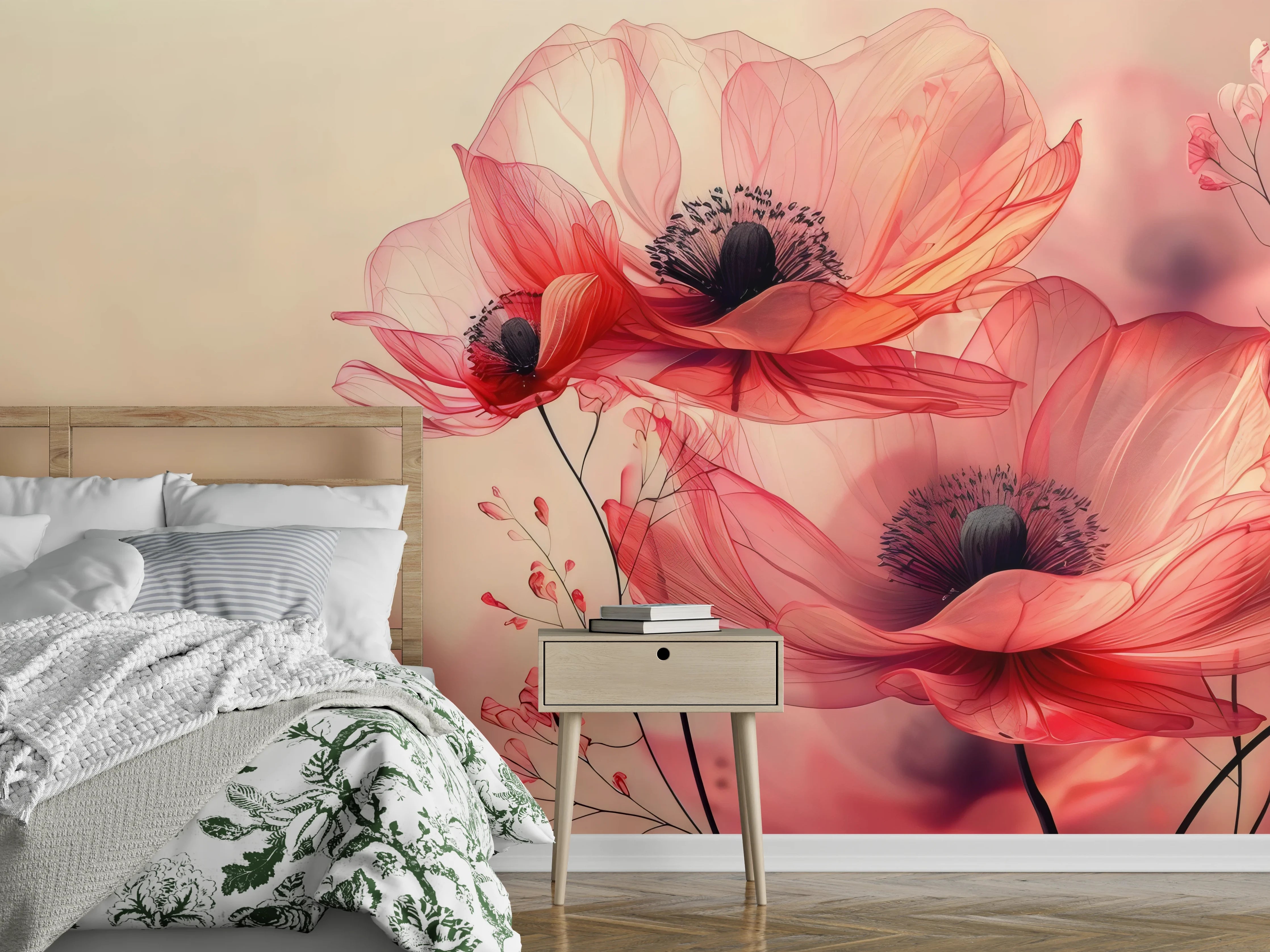 Wandverkleidung Schlafzimmer - Zarte Mohnblüten in Rosa