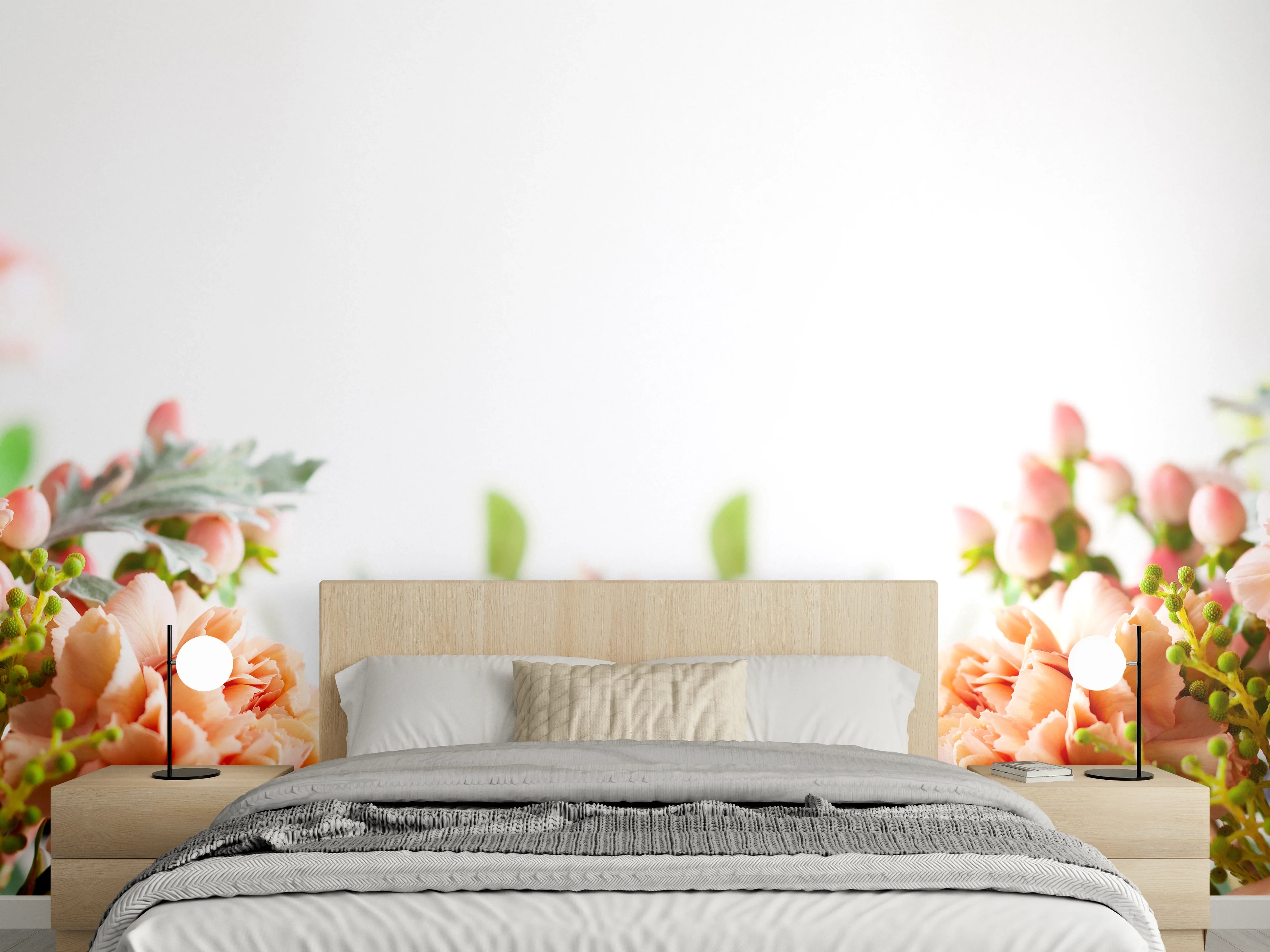 Wandverkleidung Schlafzimmer - Zarte Pfingstrosen und Gräser in Rosé