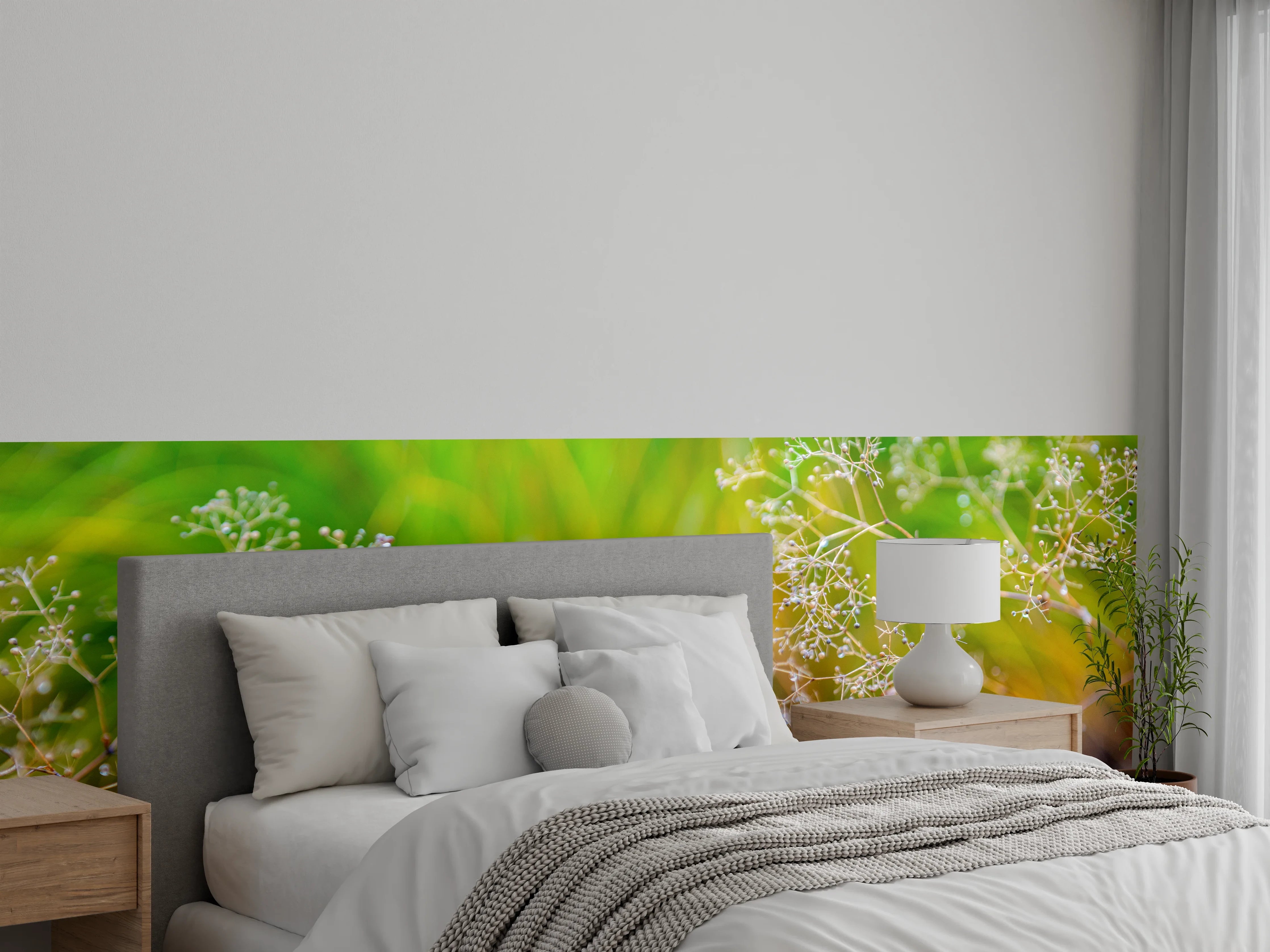 Wandverkleidung Schlafzimmer - Zarte Pflanzen im bunten Bokeh
