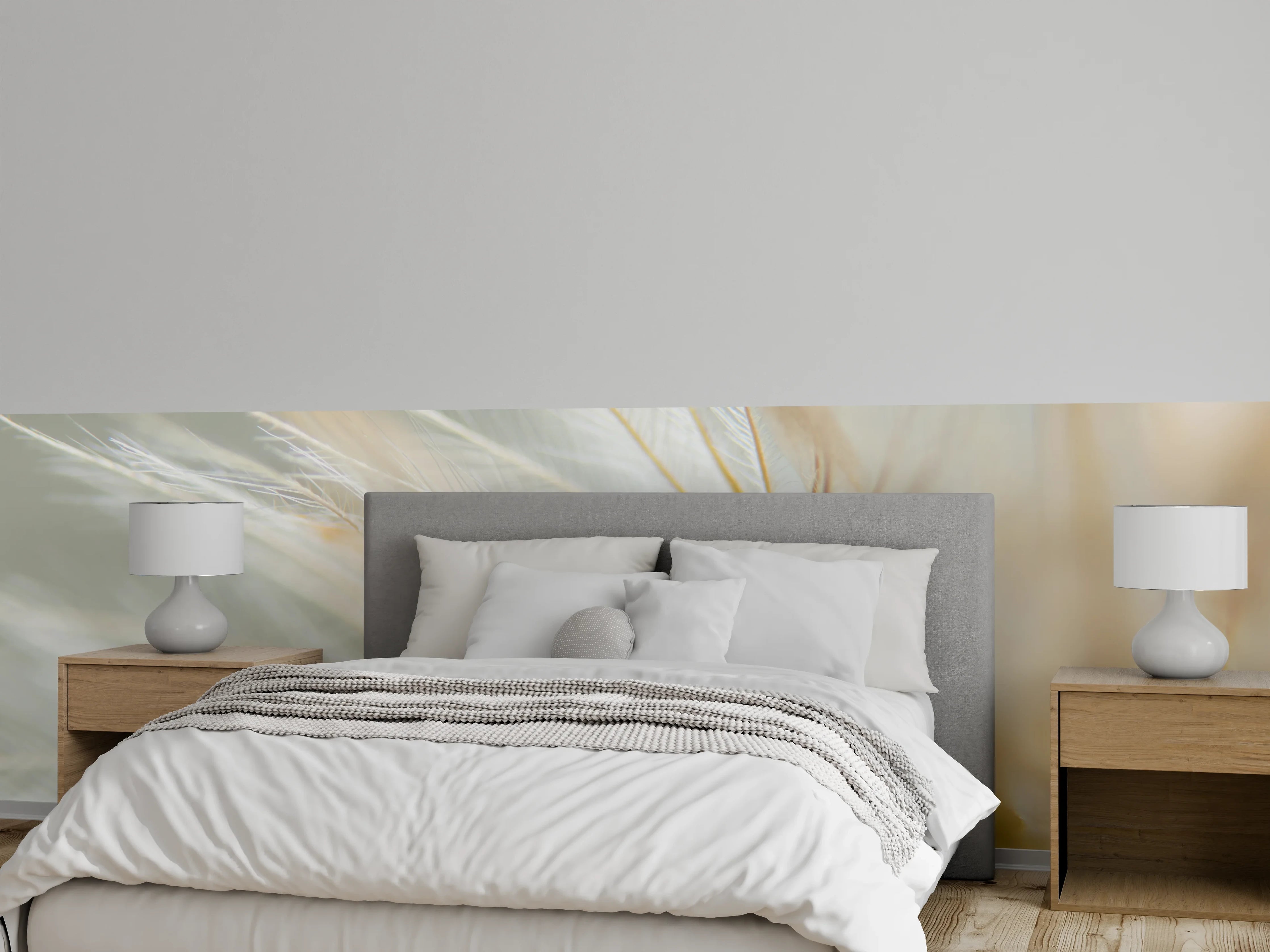 Wandverkleidung Schlafzimmer - Zarte Pflanzenstruktur in Weiß und Beige