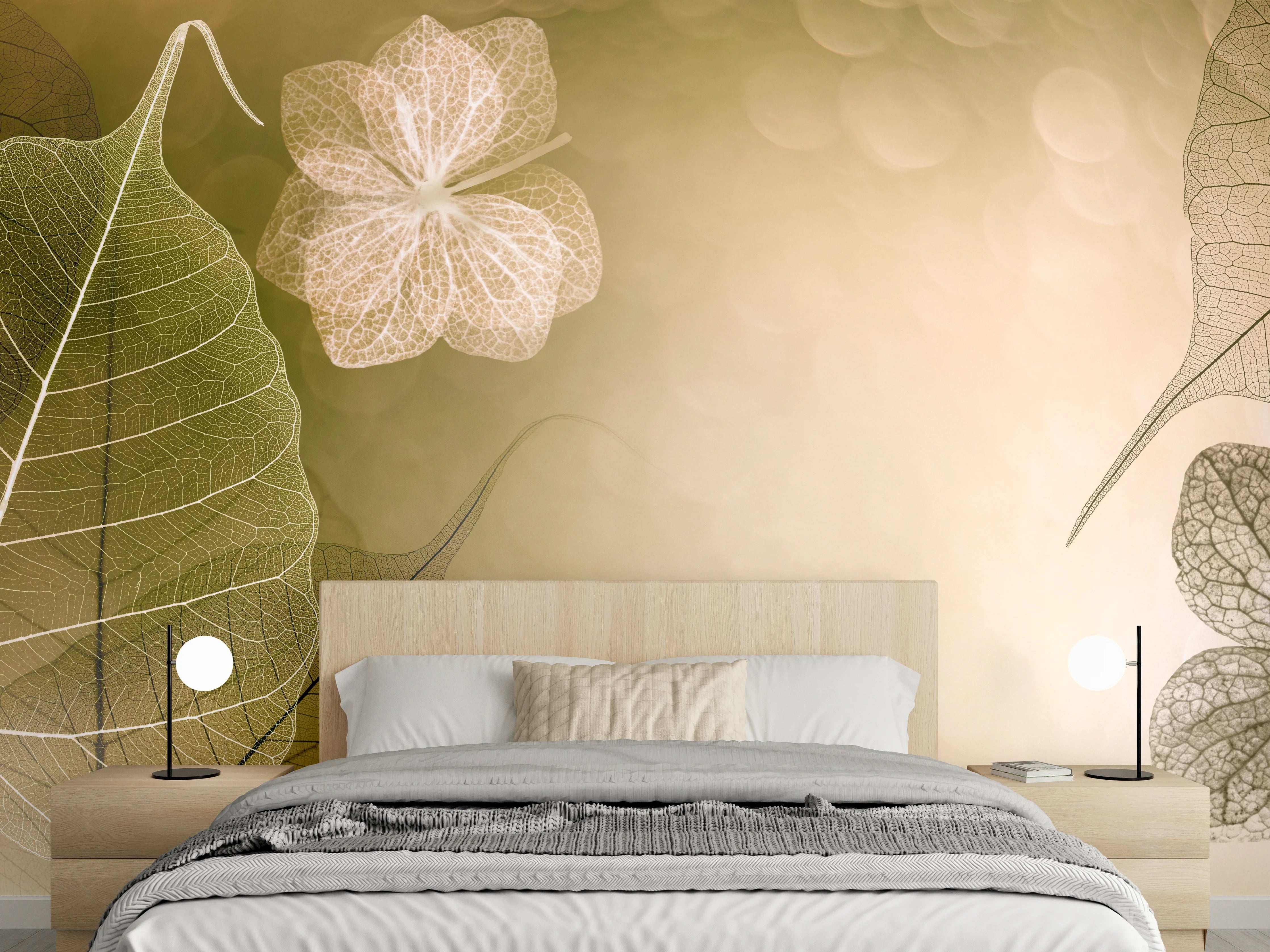 Wandverkleidung Schlafzimmer - Zarte Skelettblätter auf sanftem Beige