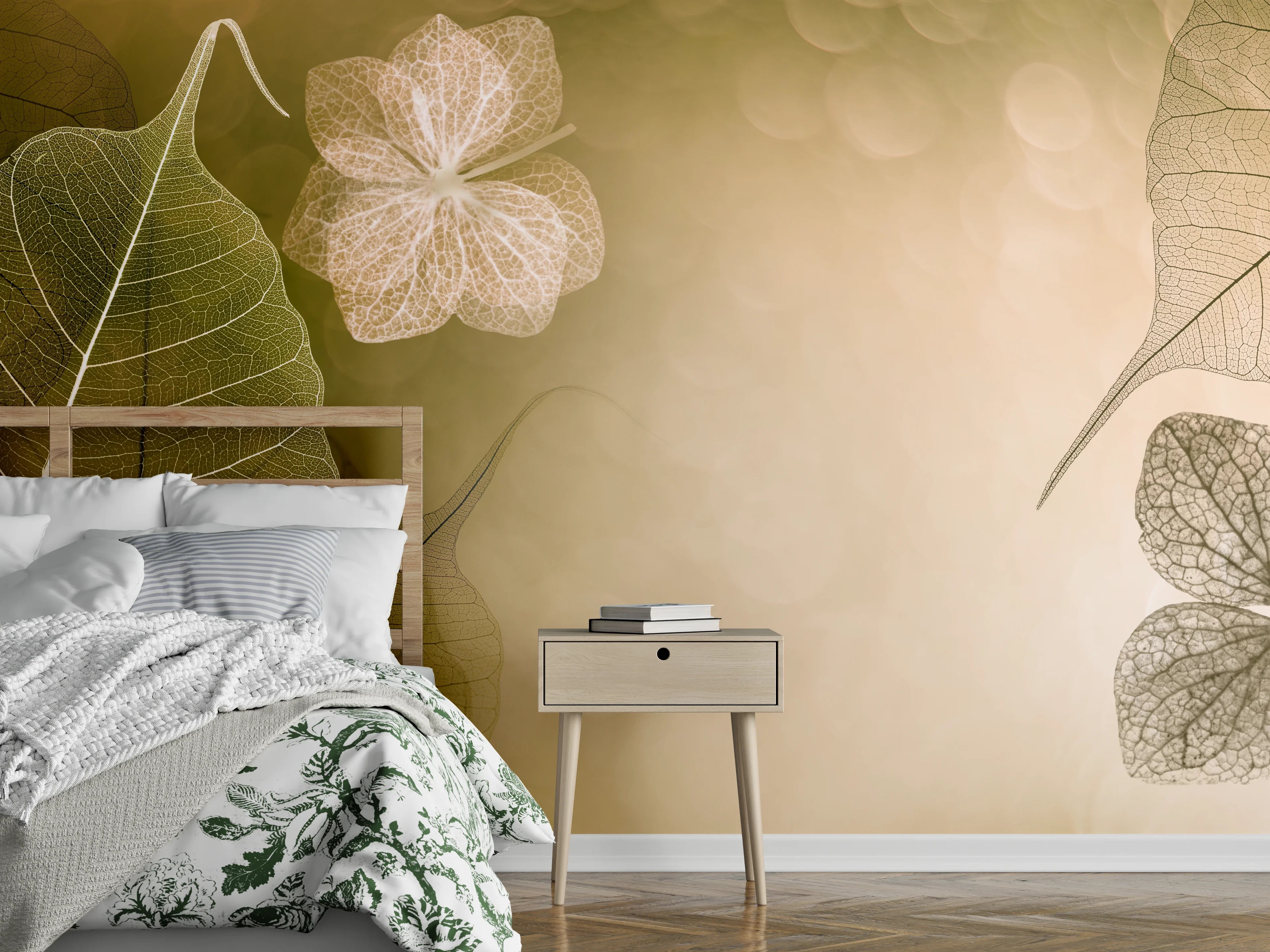 Wandverkleidung Schlafzimmer - Zarte Skelettblätter auf sanftem Beige