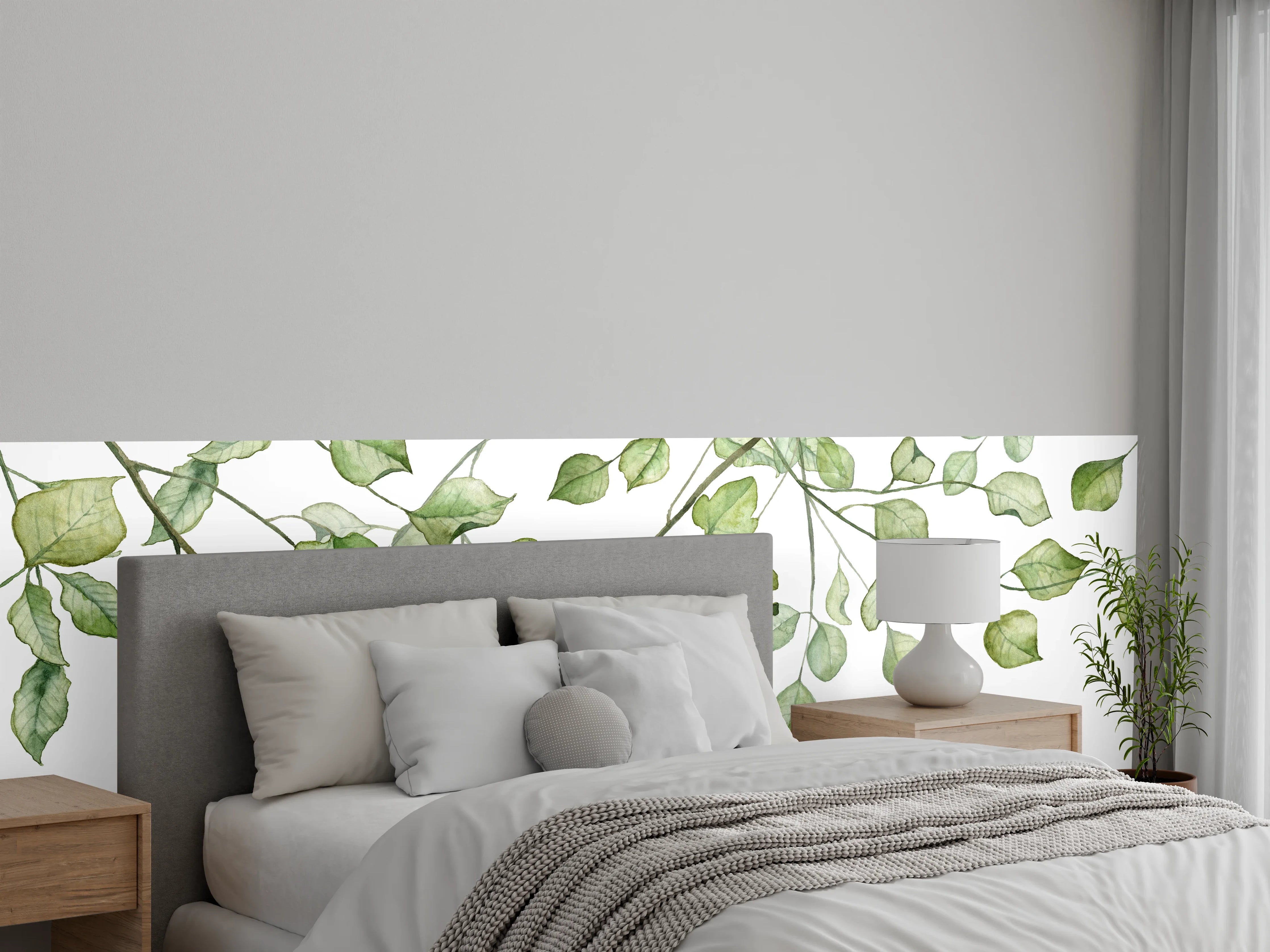 Wandverkleidung Schlafzimmer - Zarte grüne Blätter auf weißem Grund