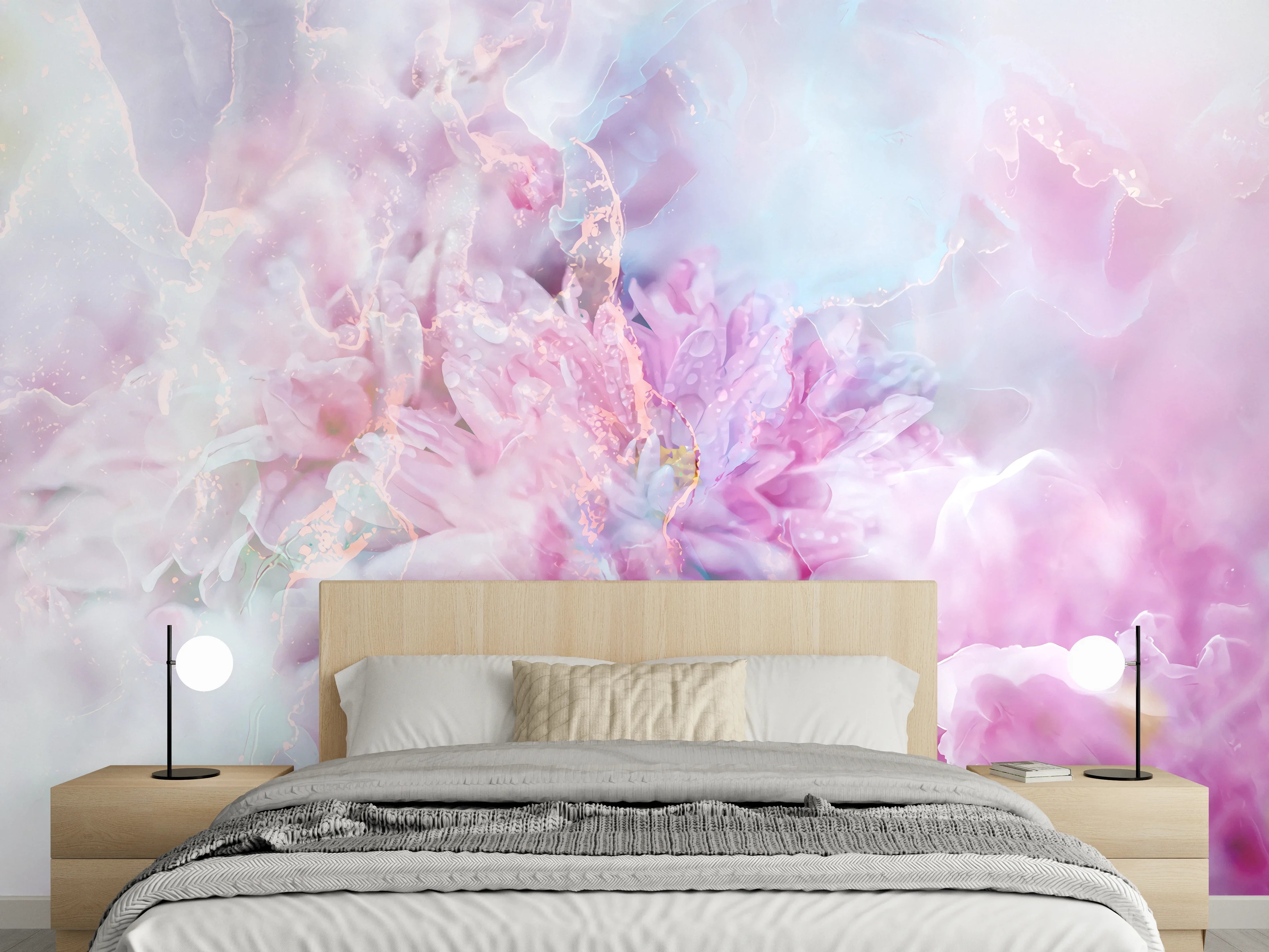 Wandverkleidung Schlafzimmer - Zarter Aquarell-Traum in Rosa Blau