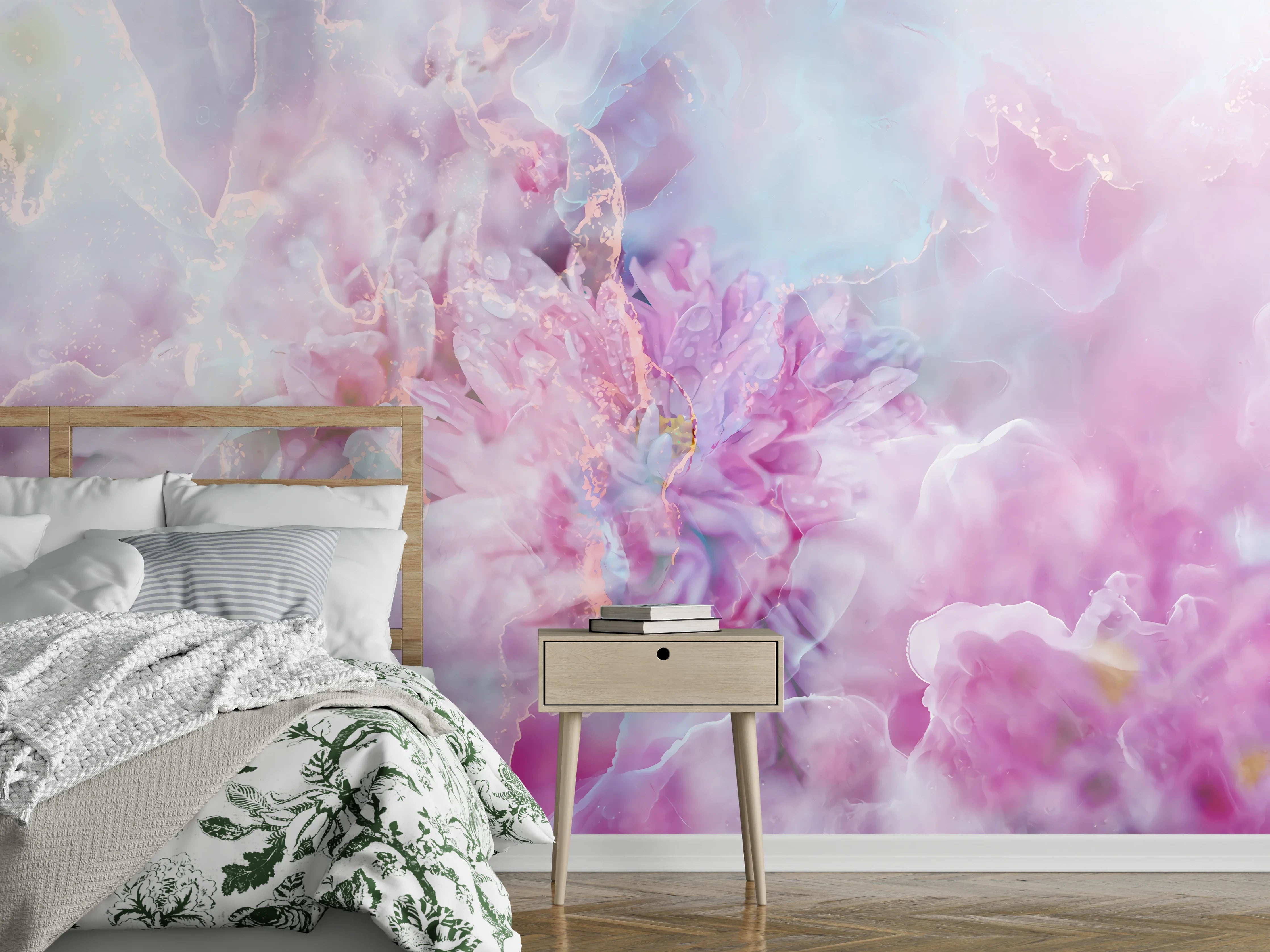 Wandverkleidung Schlafzimmer - Zarter Aquarell-Traum in Rosa Blau