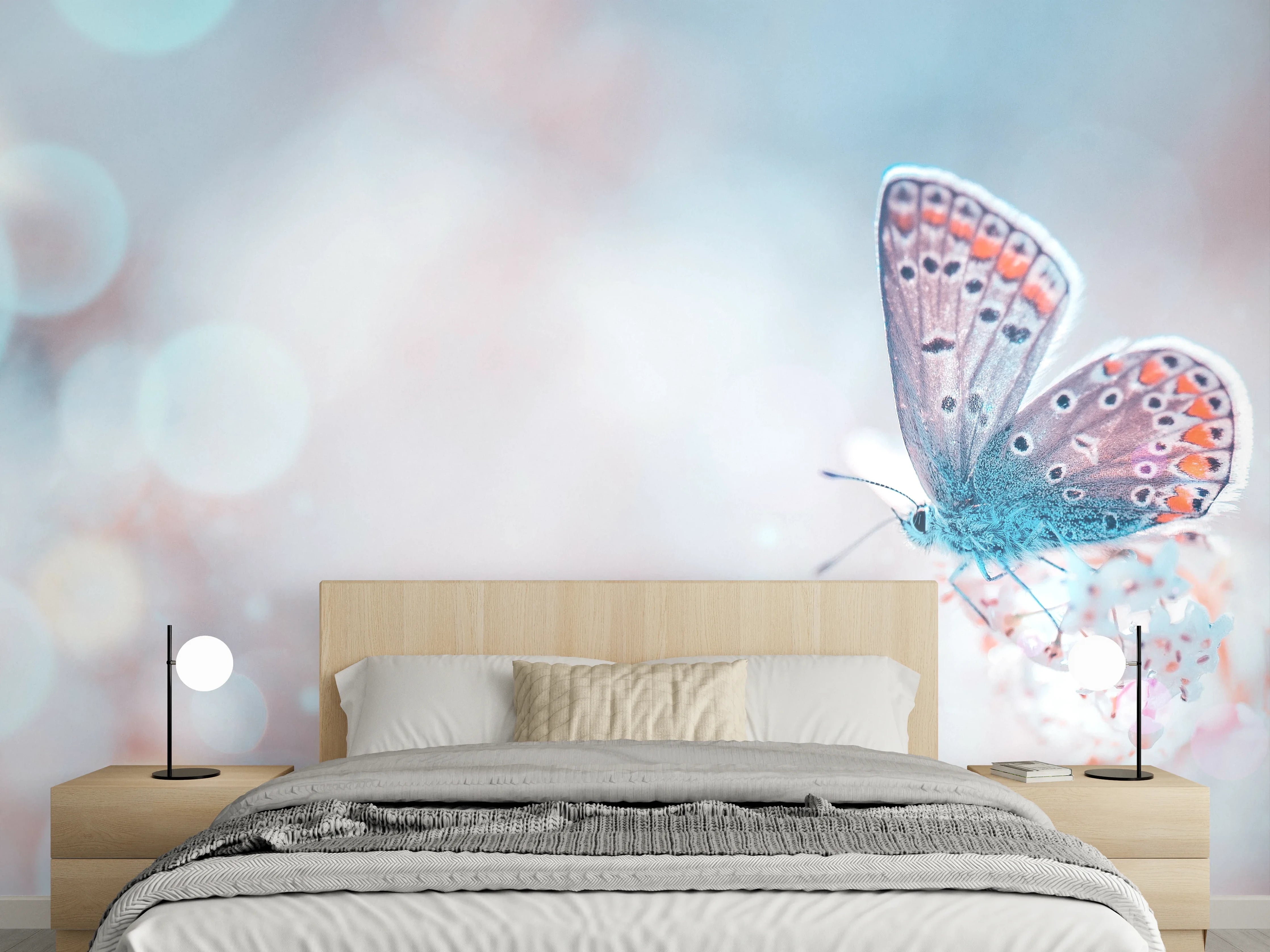 Wandverkleidung Schlafzimmer - Zarter Schmetterling auf Blüte – Pastell