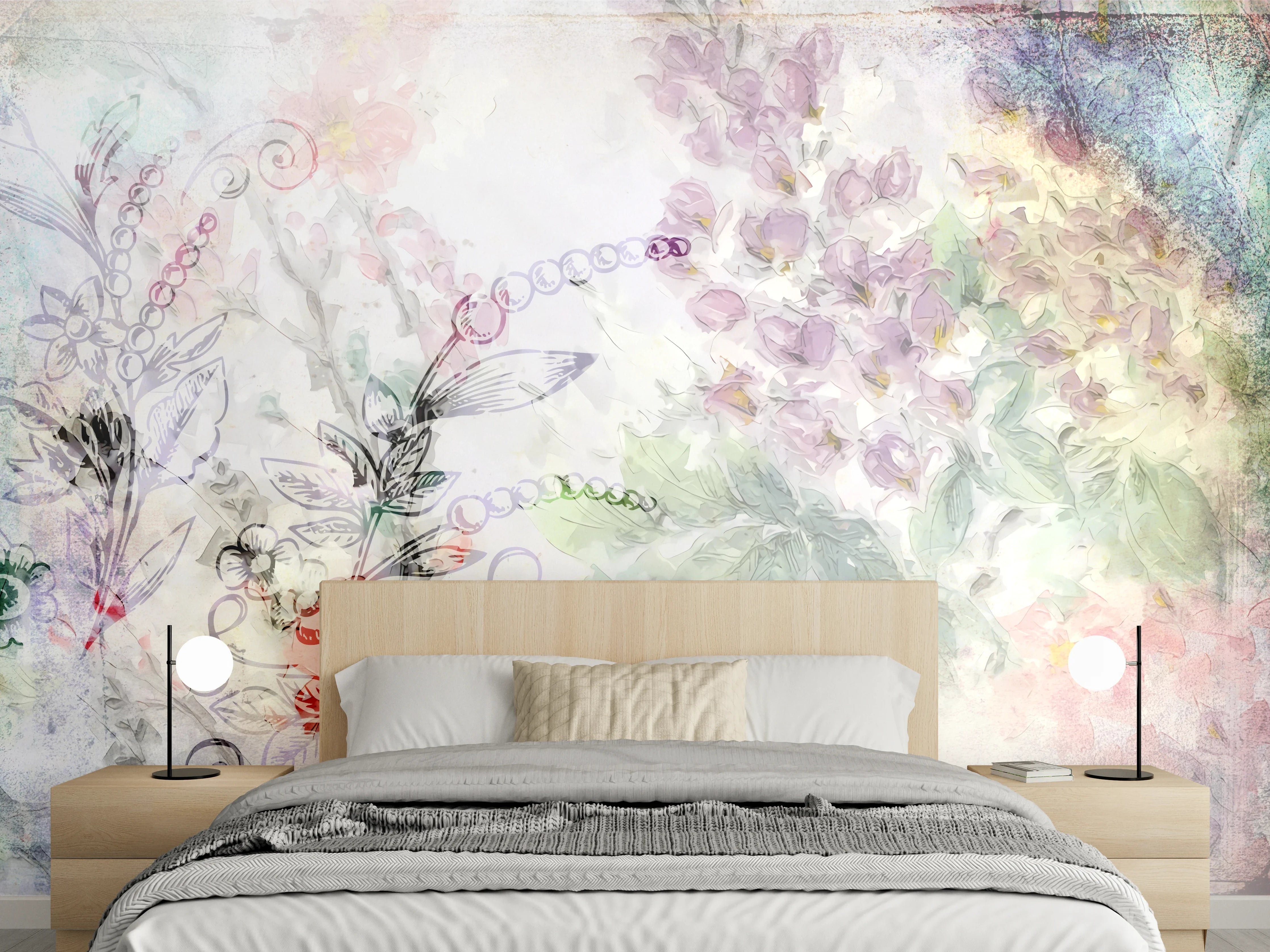 Wandverkleidung Schlafzimmer - Zartes Aquarell Blumenmuster Pastell