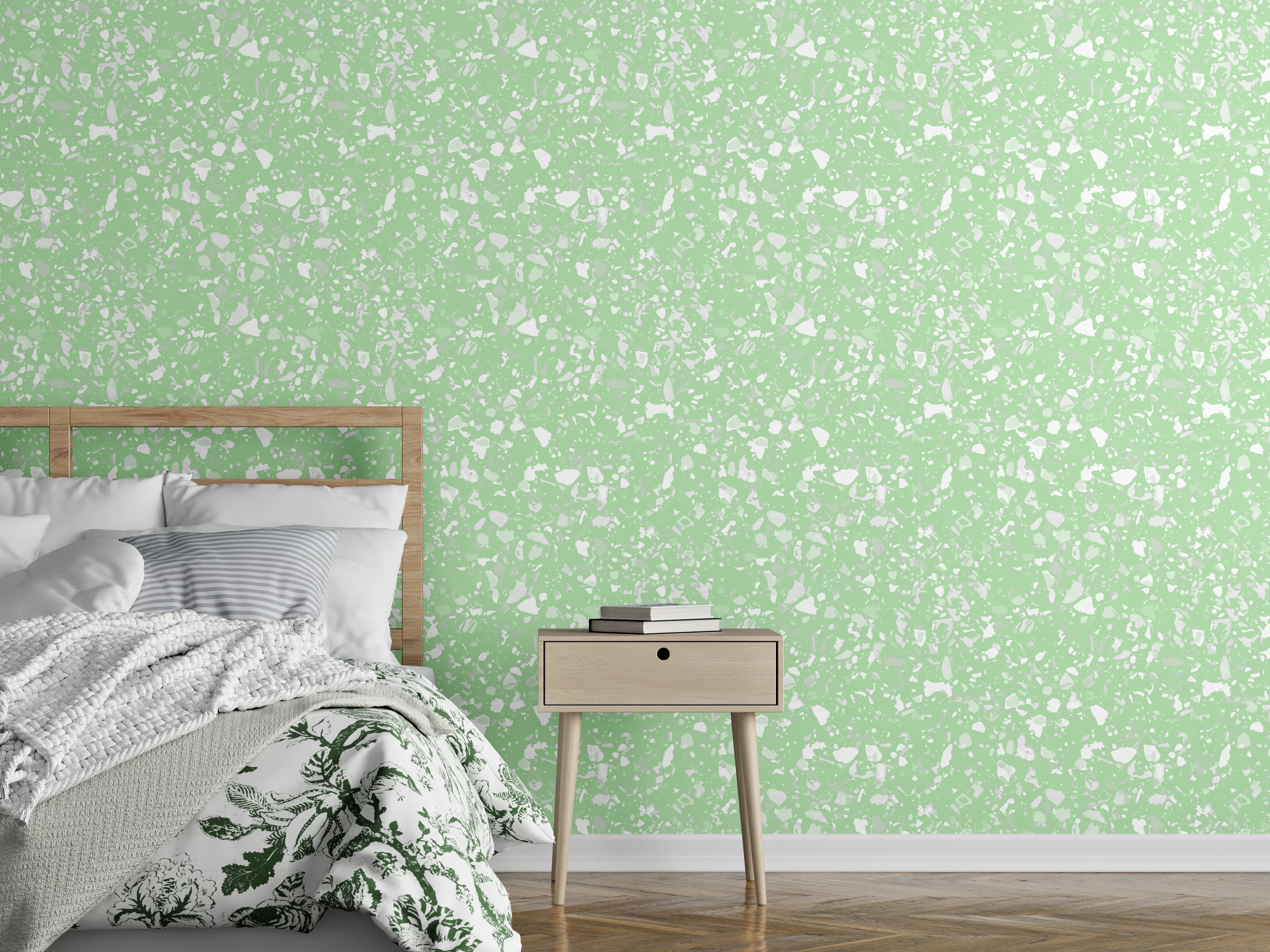 Wandverkleidung Schlafzimmer - Zartes Blättermuster auf Mintgrün