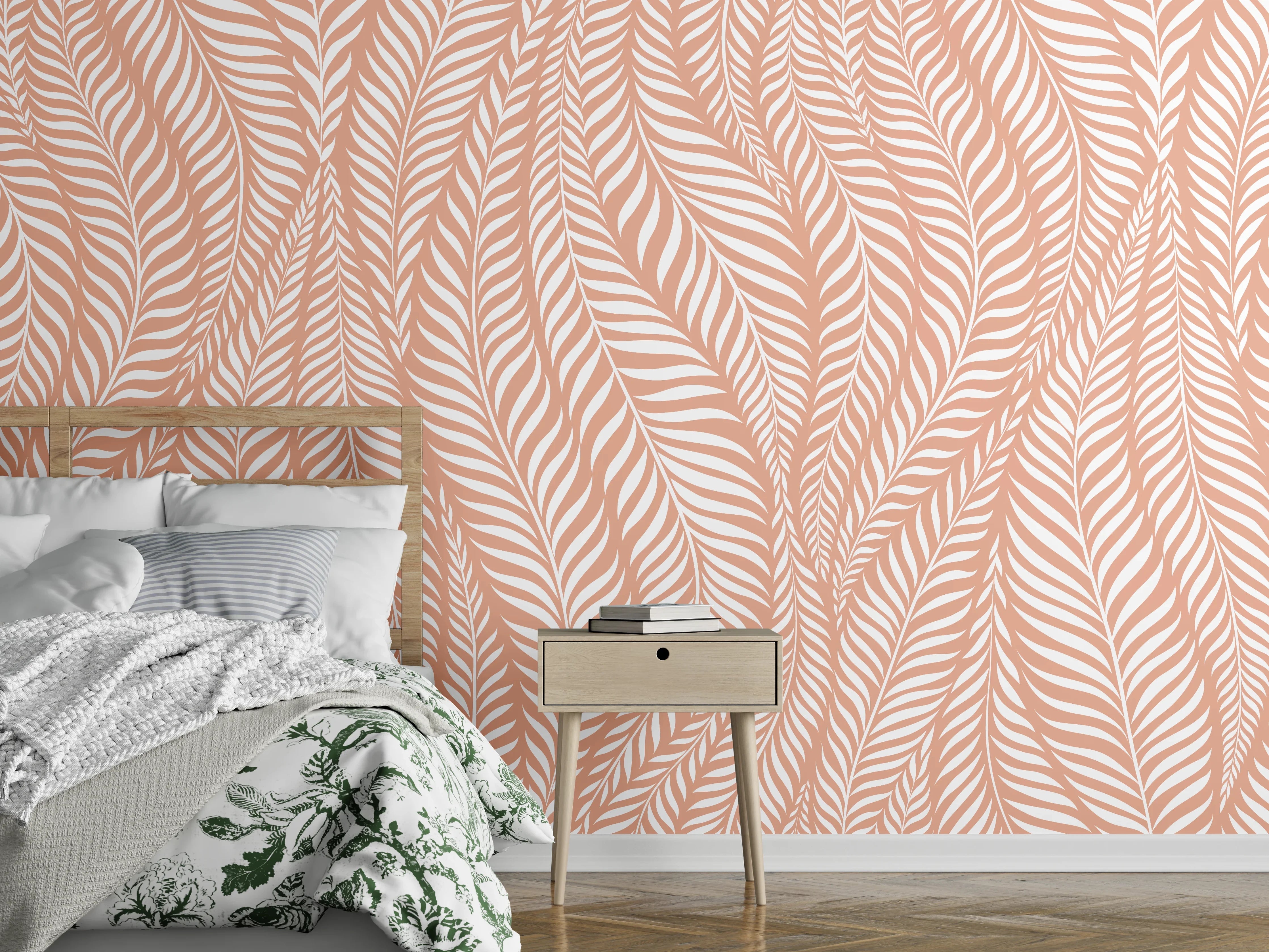 Wandverkleidung Schlafzimmer - Zartes Blättermuster in Rosé-Beige