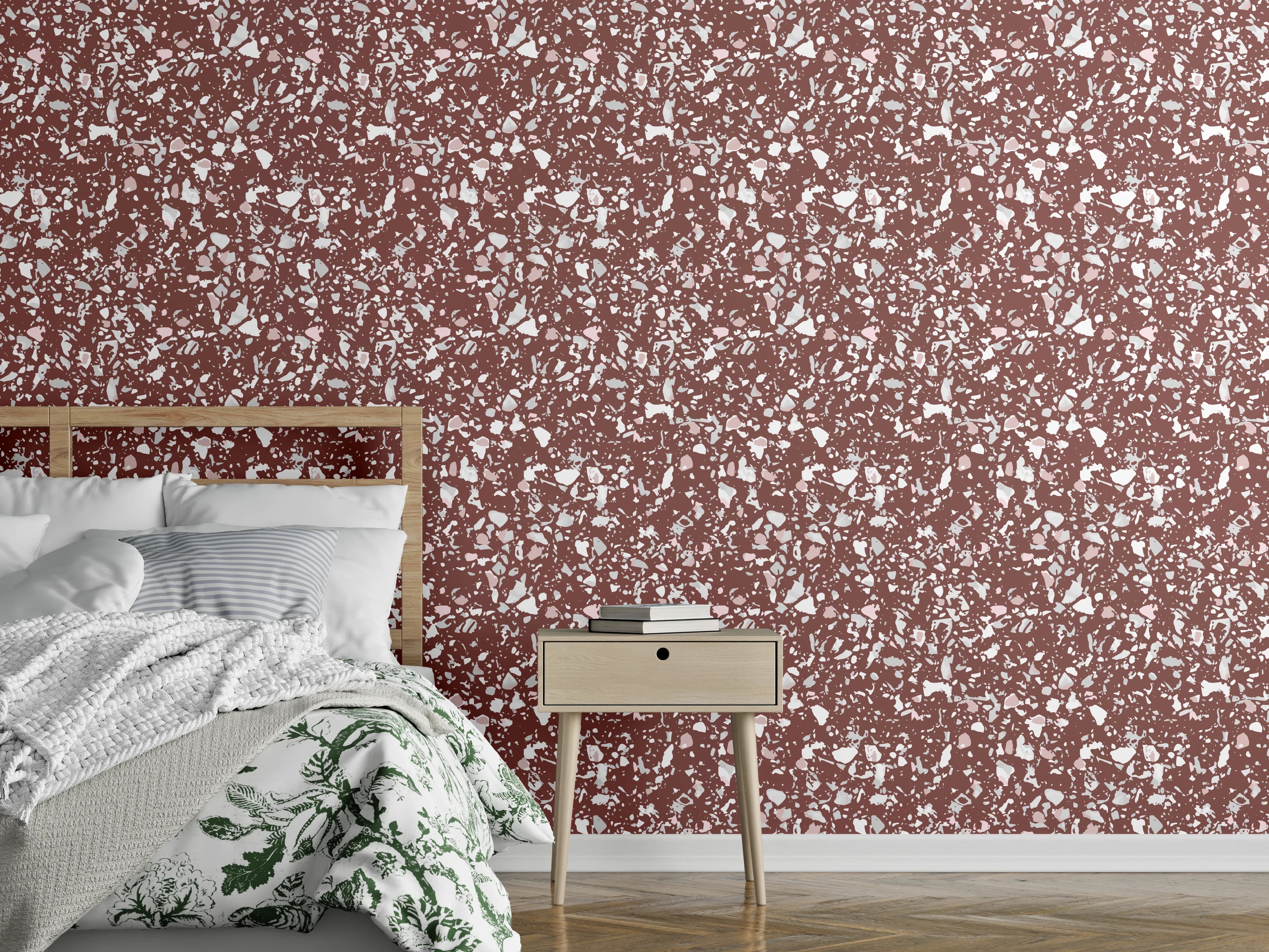 Wandverkleidung Schlafzimmer - Zartes Blumenmuster in warmem Rot