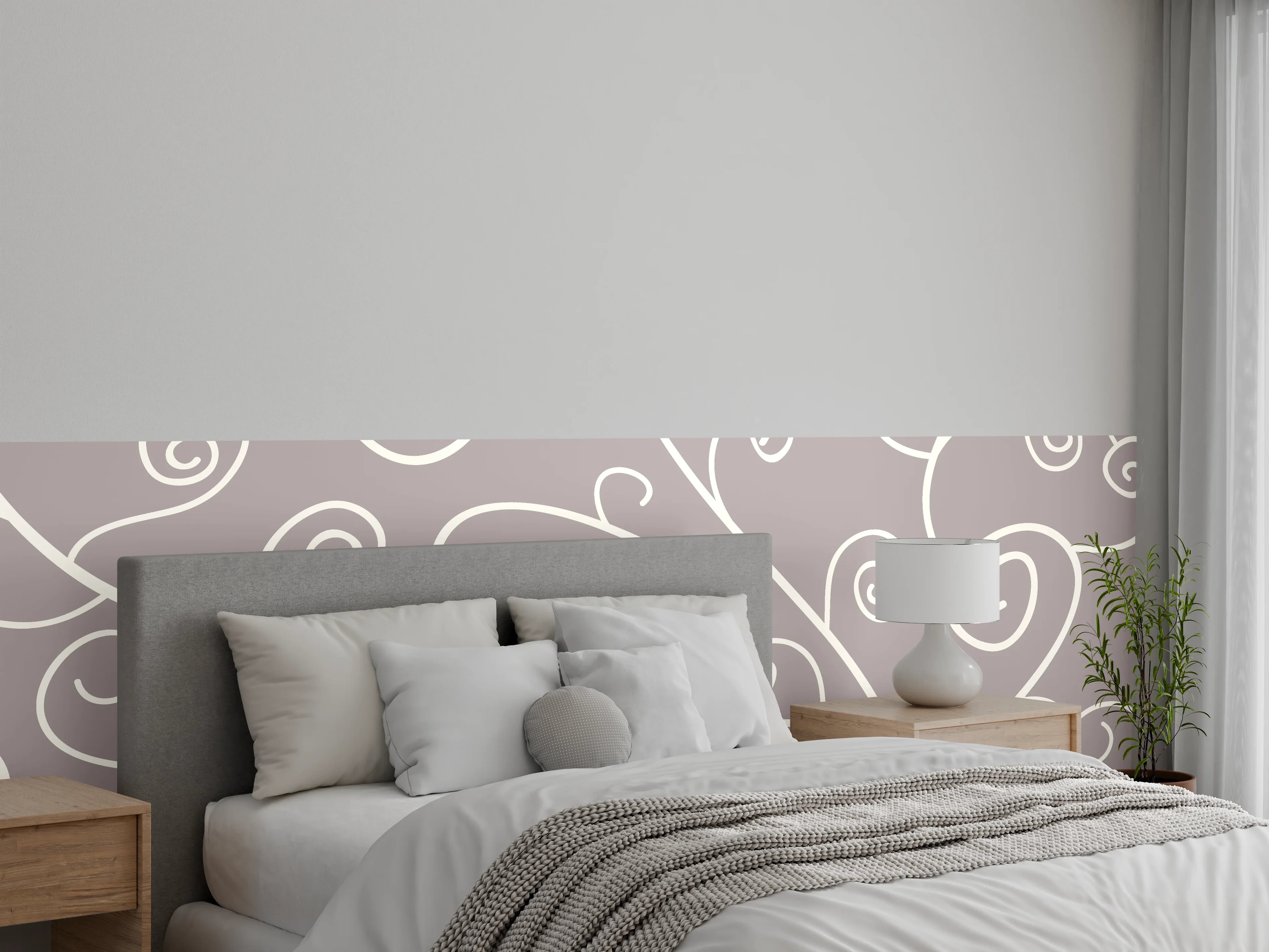 Wandverkleidung Schlafzimmer - Zartes Ornament-Muster in Weiß und Grau