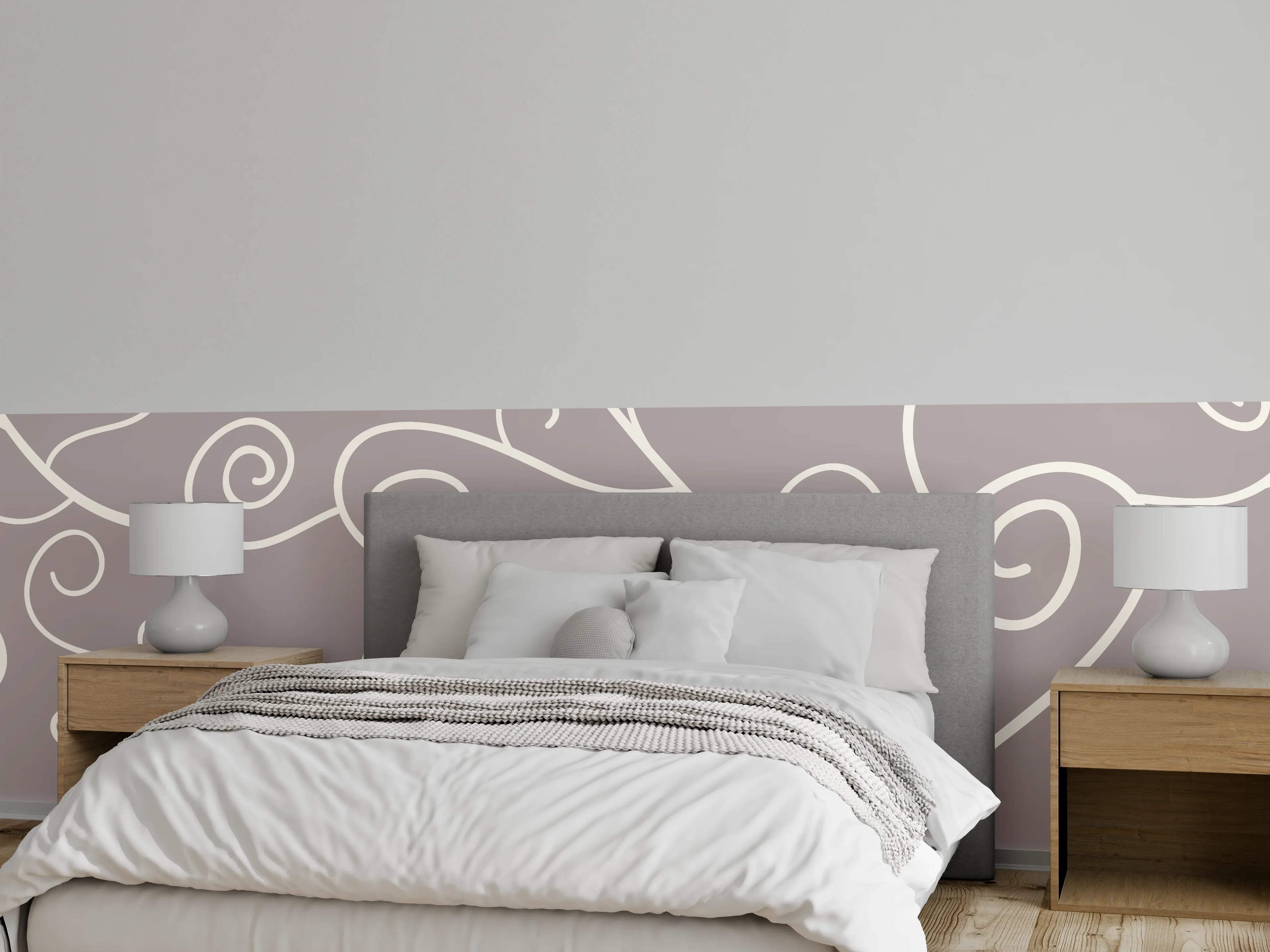 Wandverkleidung Schlafzimmer - Zartes Ornament-Muster in Weiß und Grau