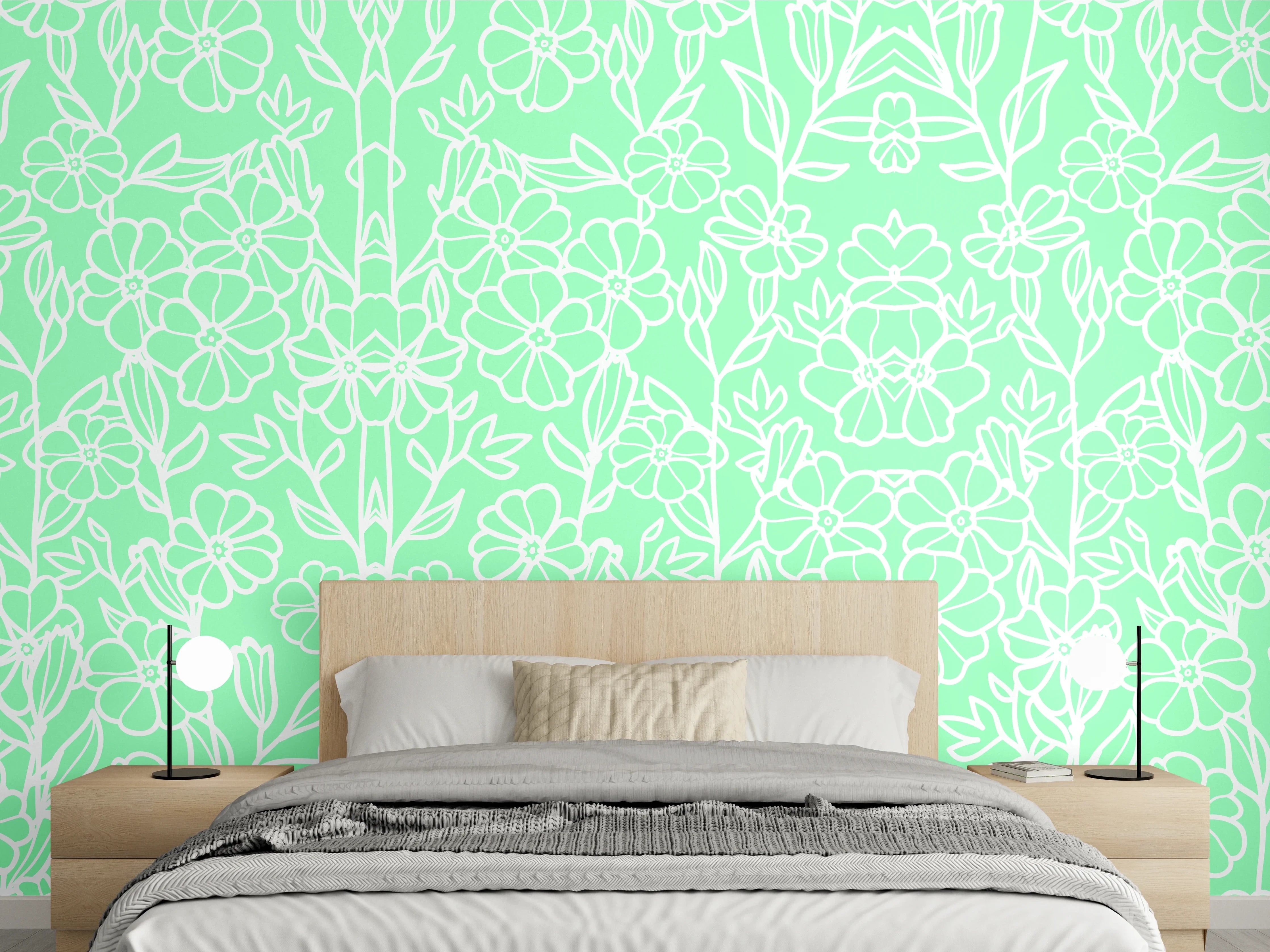 Wandverkleidung Schlafzimmer - Zartes botanisches Muster in Mintgrün