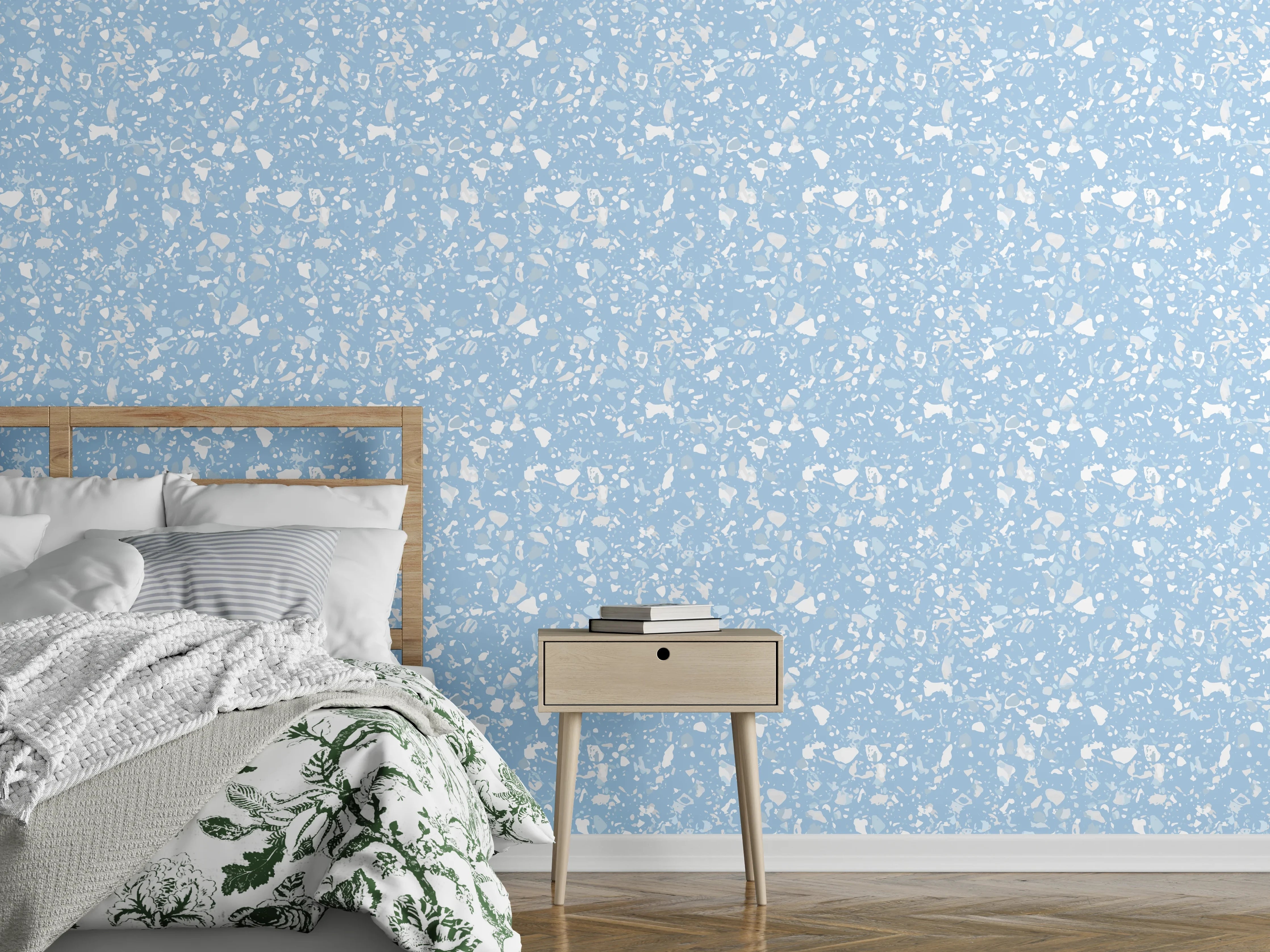 Wandverkleidung Schlafzimmer - Zartes florales Pastellmuster Blau Weiß