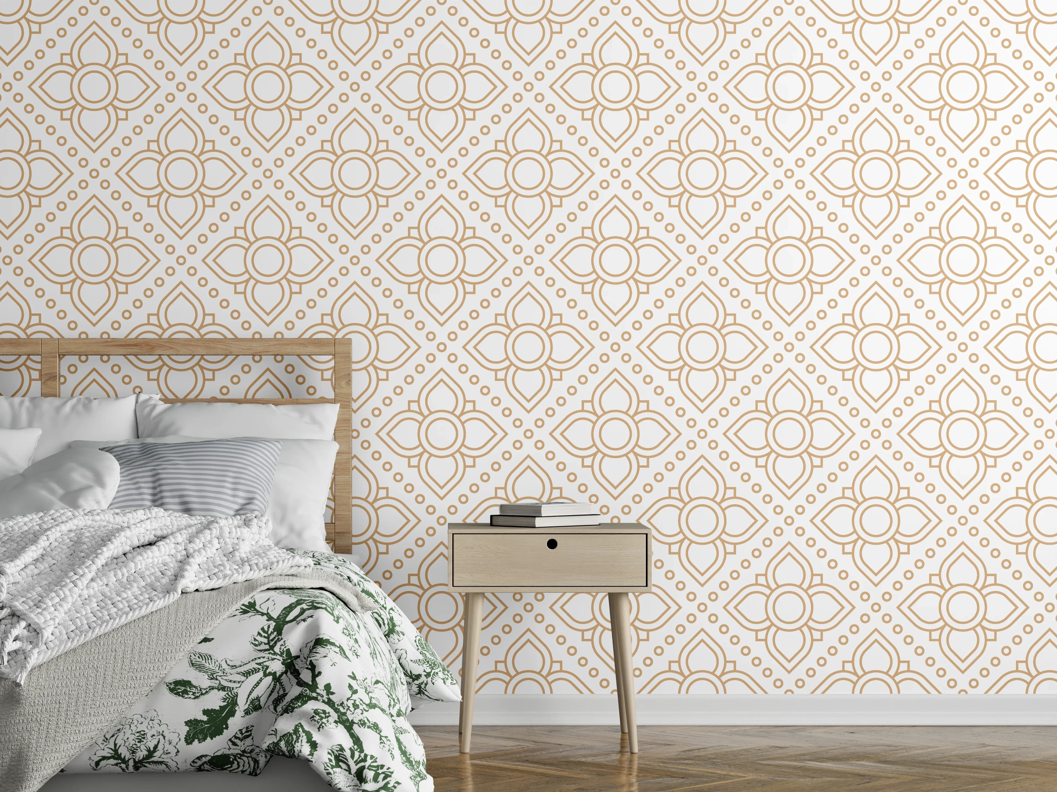 Wandverkleidung Schlafzimmer - Zartes geometrisches Muster in Weiß-Gold