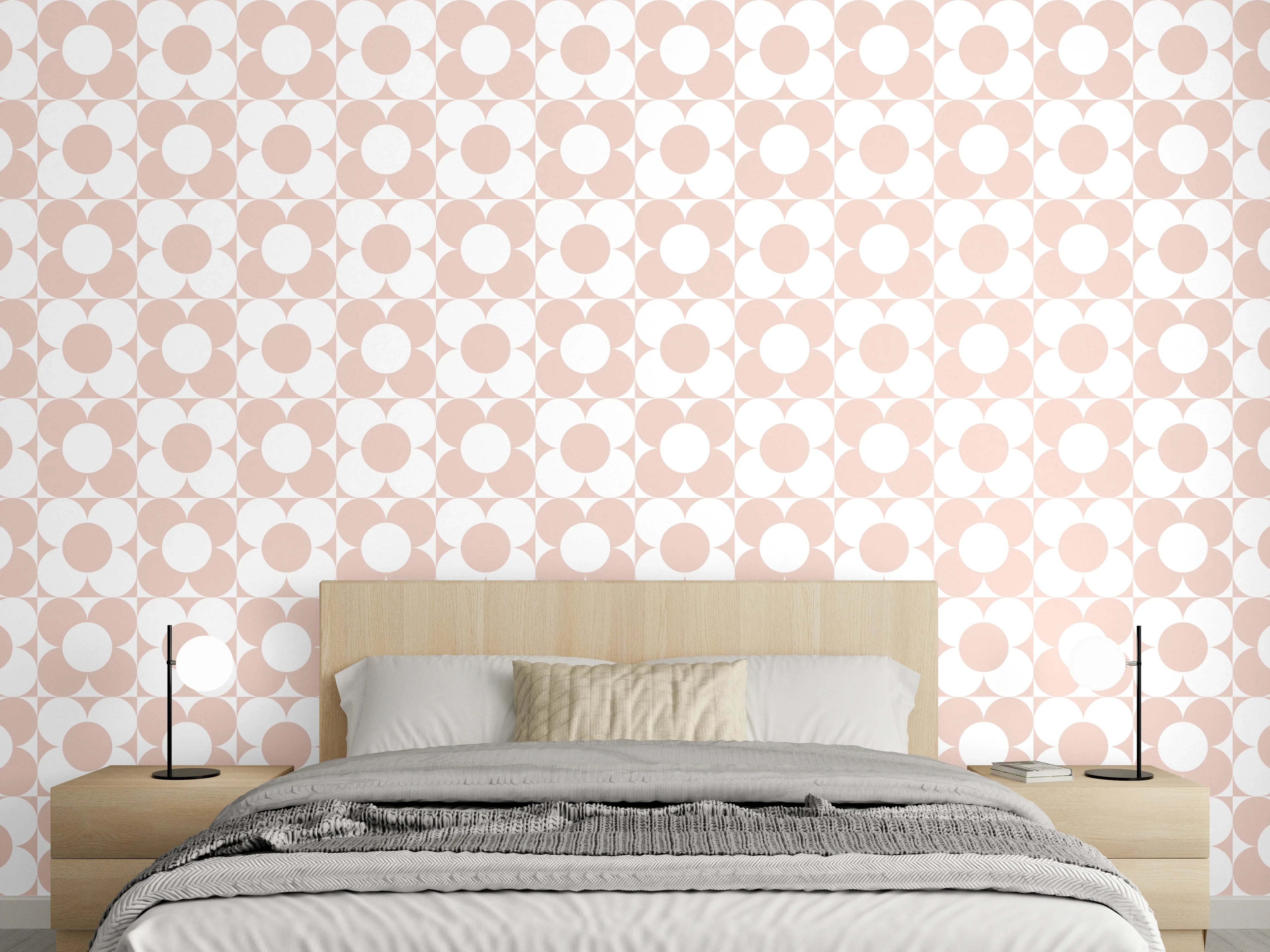 Wandverkleidung Schlafzimmer - Zartrosa Retro-Muster auf Weiß