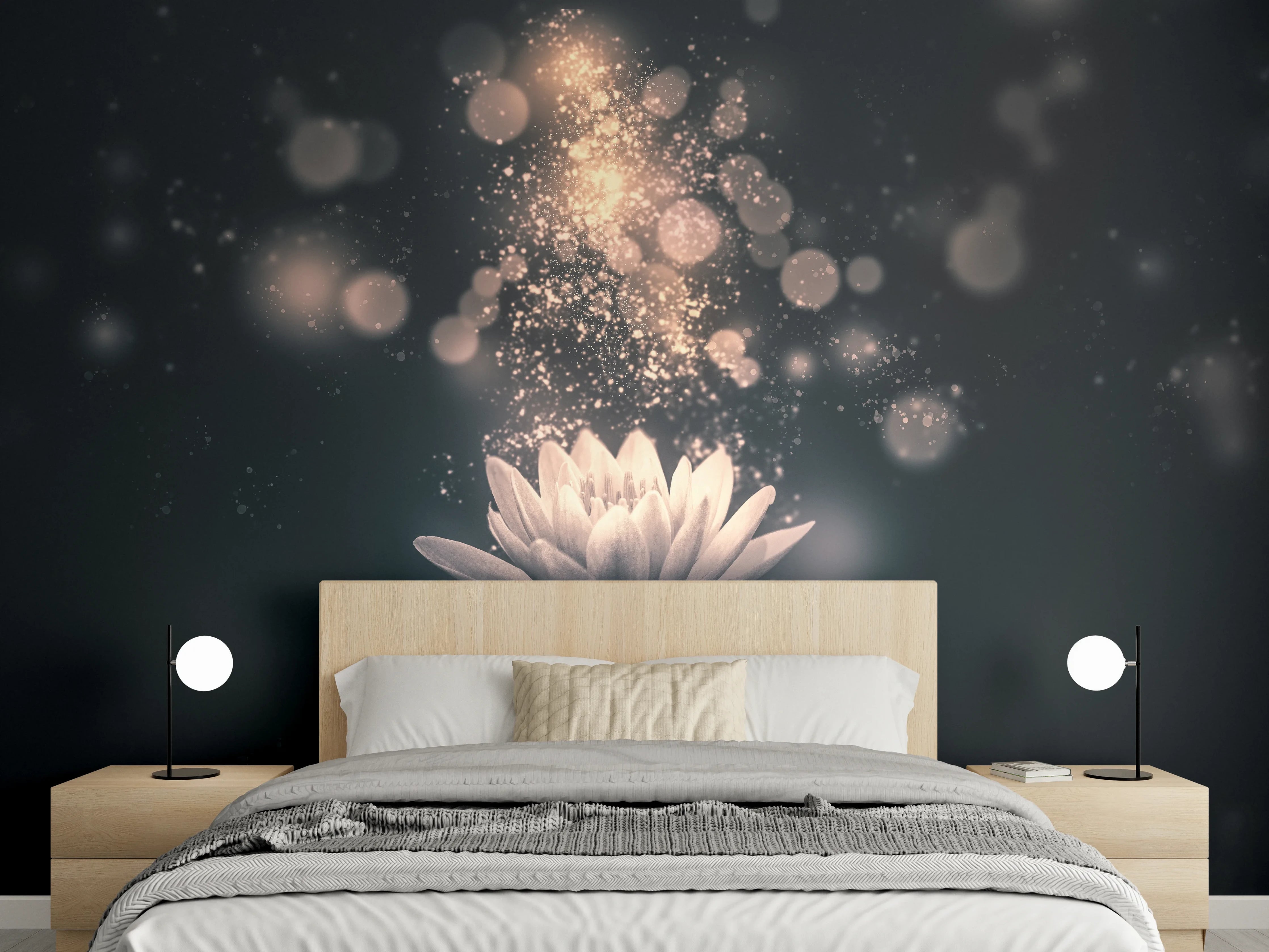 Wandverkleidung Schlafzimmer - Zauberhafte Wasserlilie mit funkelnden Lichteffekten