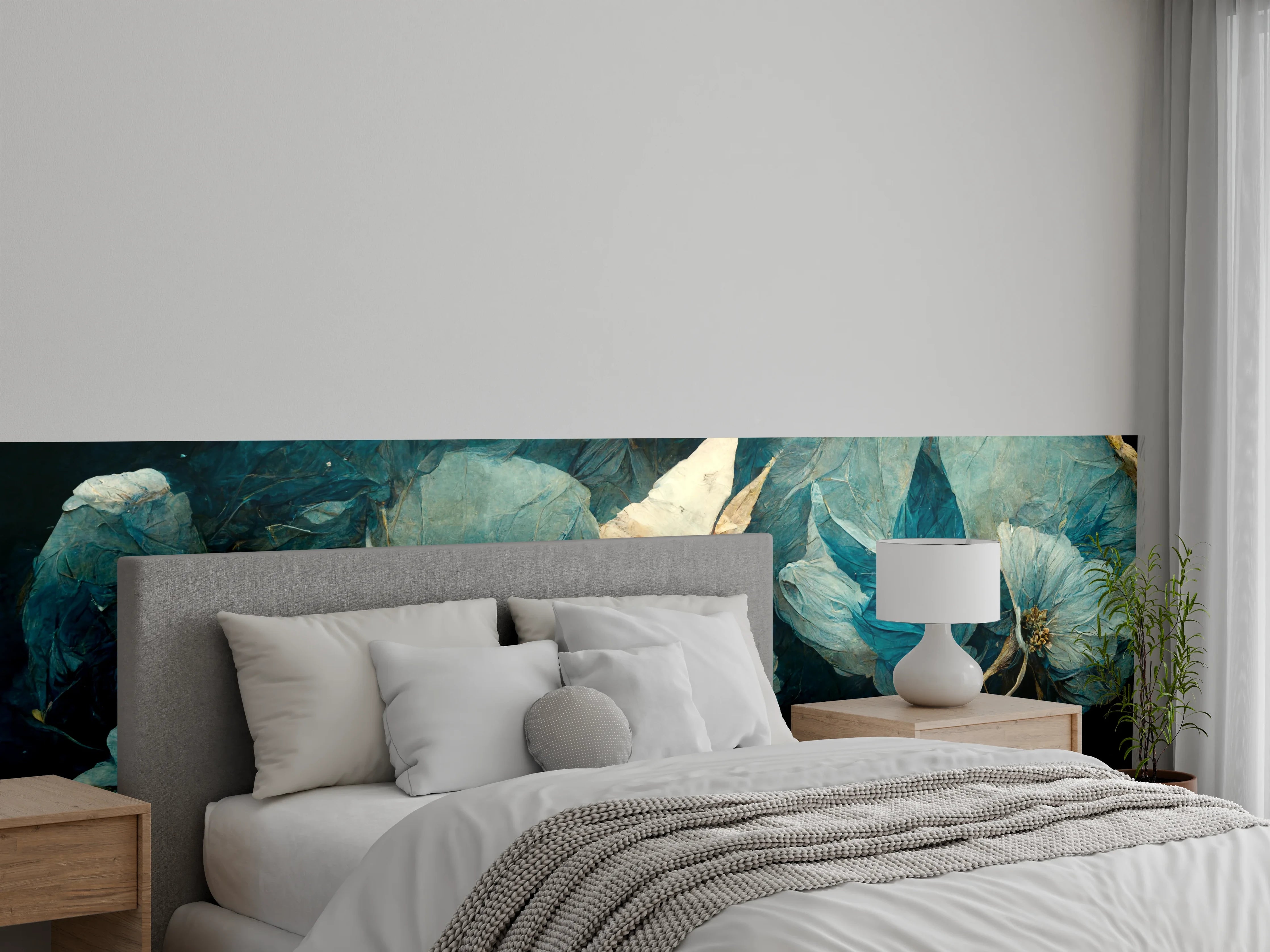 Wandverkleidung Schlafzimmer - Zauberhaftes Blumenmotiv in Blau und Orange