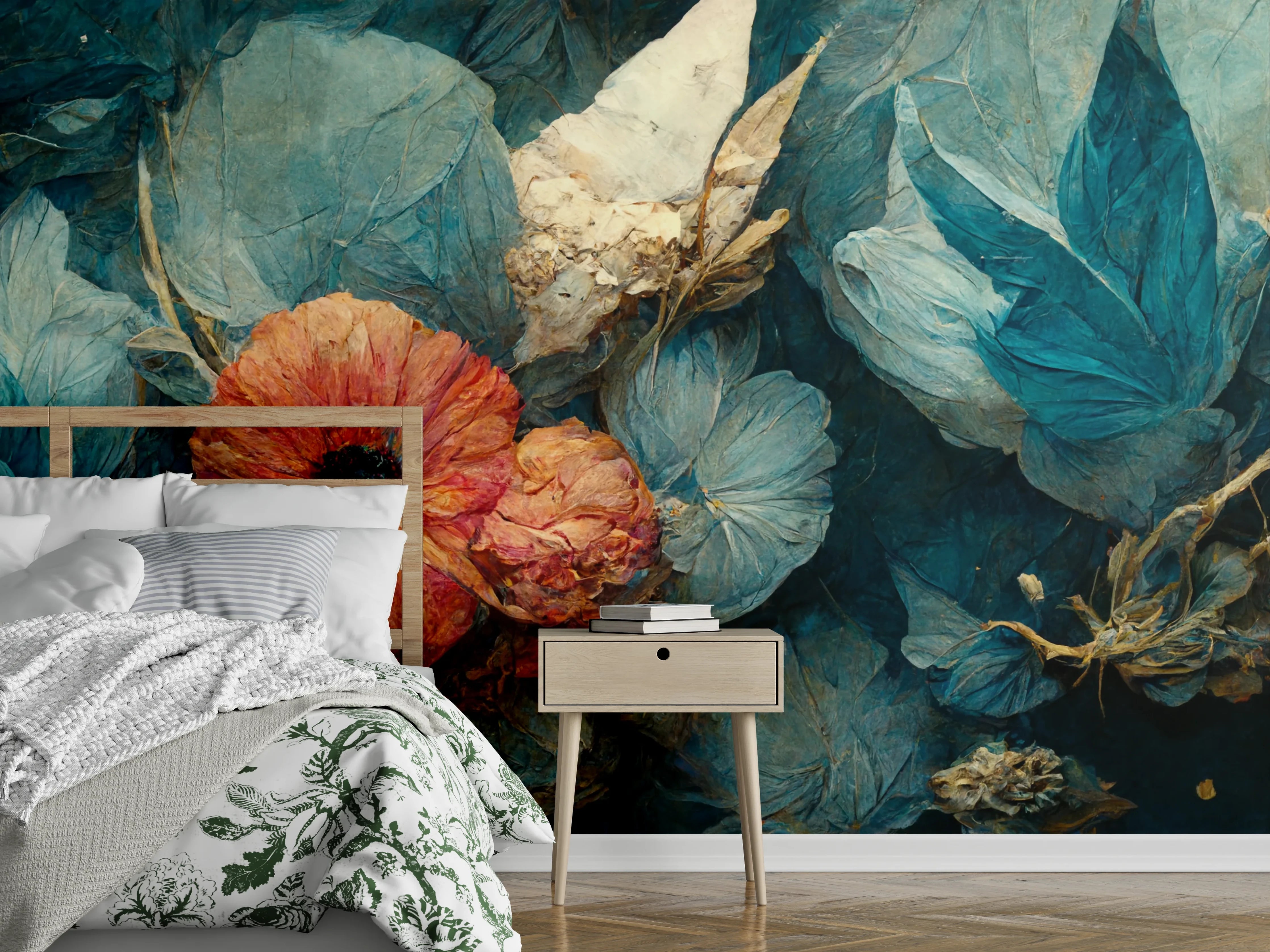 Wandverkleidung Schlafzimmer - Zauberhaftes Blumenmotiv in Blau und Orange