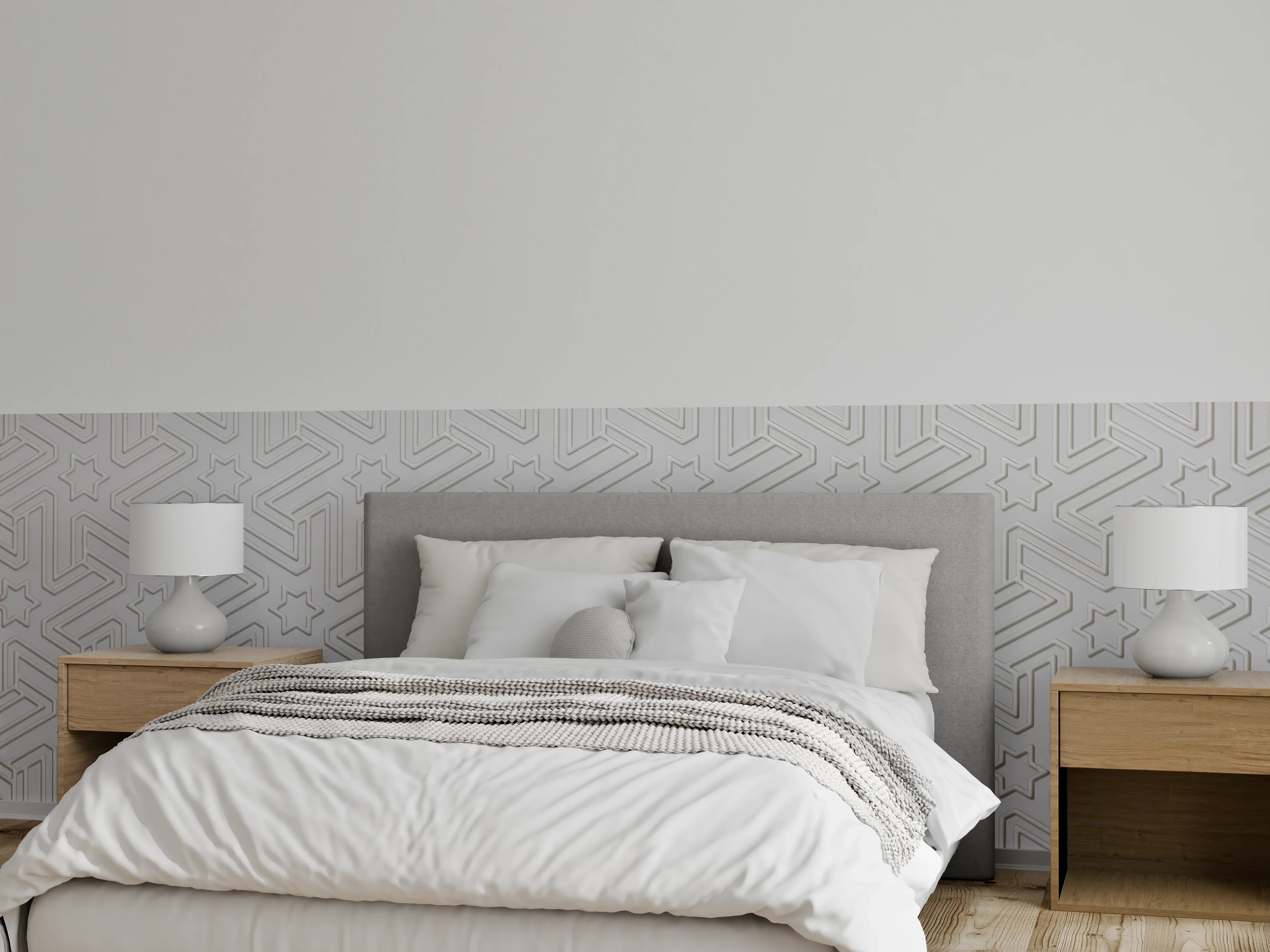 Wandverkleidung Schlafzimmer - Zeitlose Grauwandgestaltung mit geometrischen Mustern