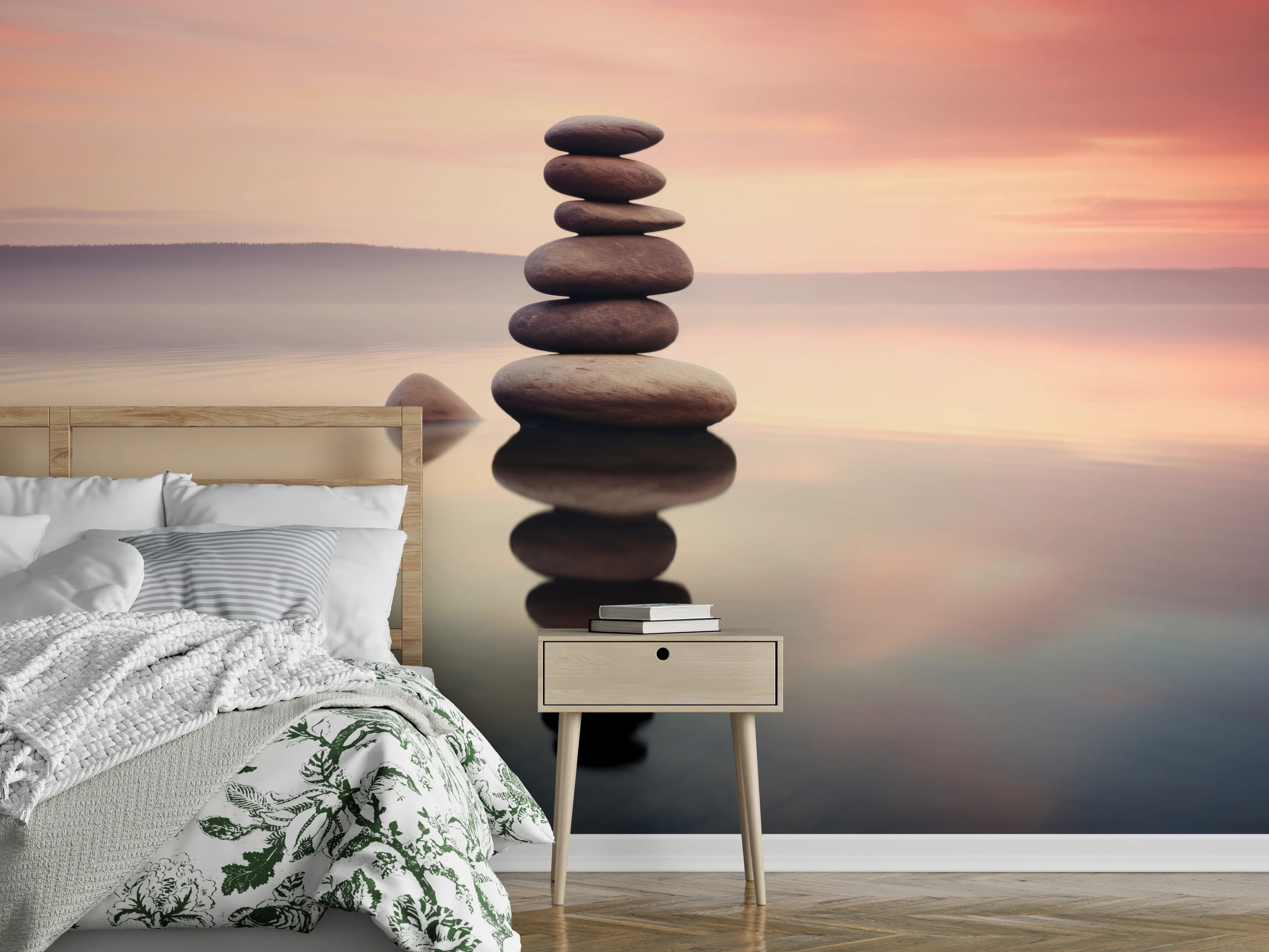 Wandverkleidung Schlafzimmer - Zen-Steine am rosa Sonnenuntergang