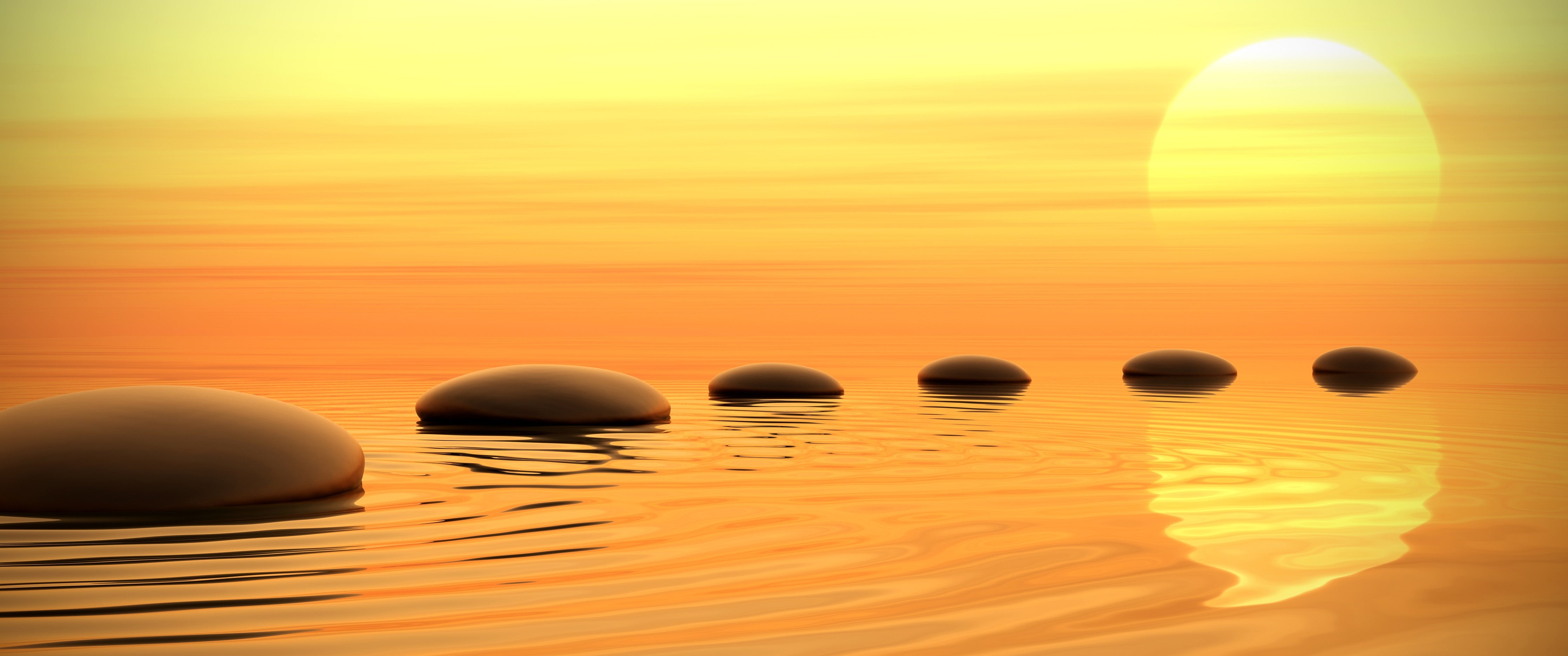 Wandverkleidung Schlafzimmer-Zen-Steine im Wasser bei Sonnenuntergang