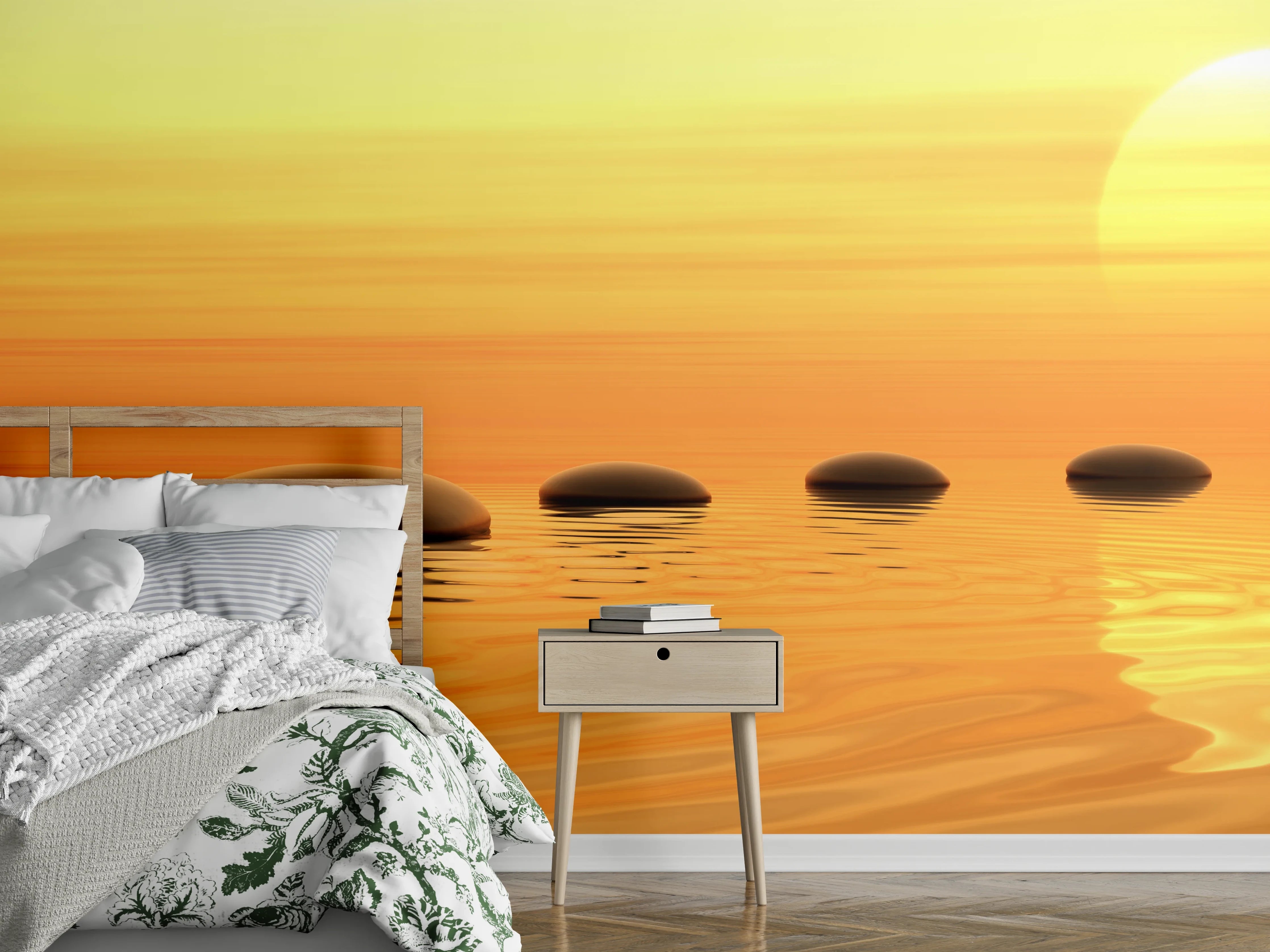 Wandverkleidung Schlafzimmer - Zen-Steine im Wasser bei Sonnenuntergang