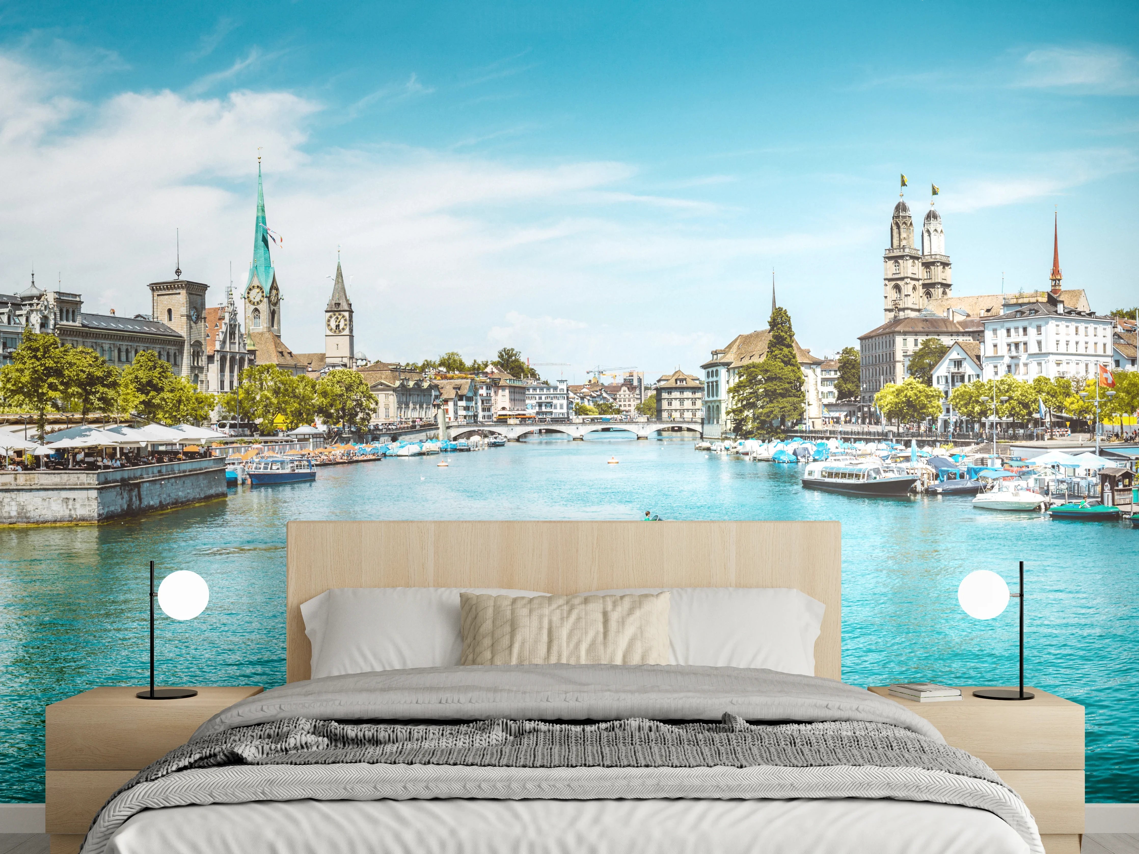 Wandverkleidung Schlafzimmer - Zürich Skyline Panorama mit Fluss Limmat