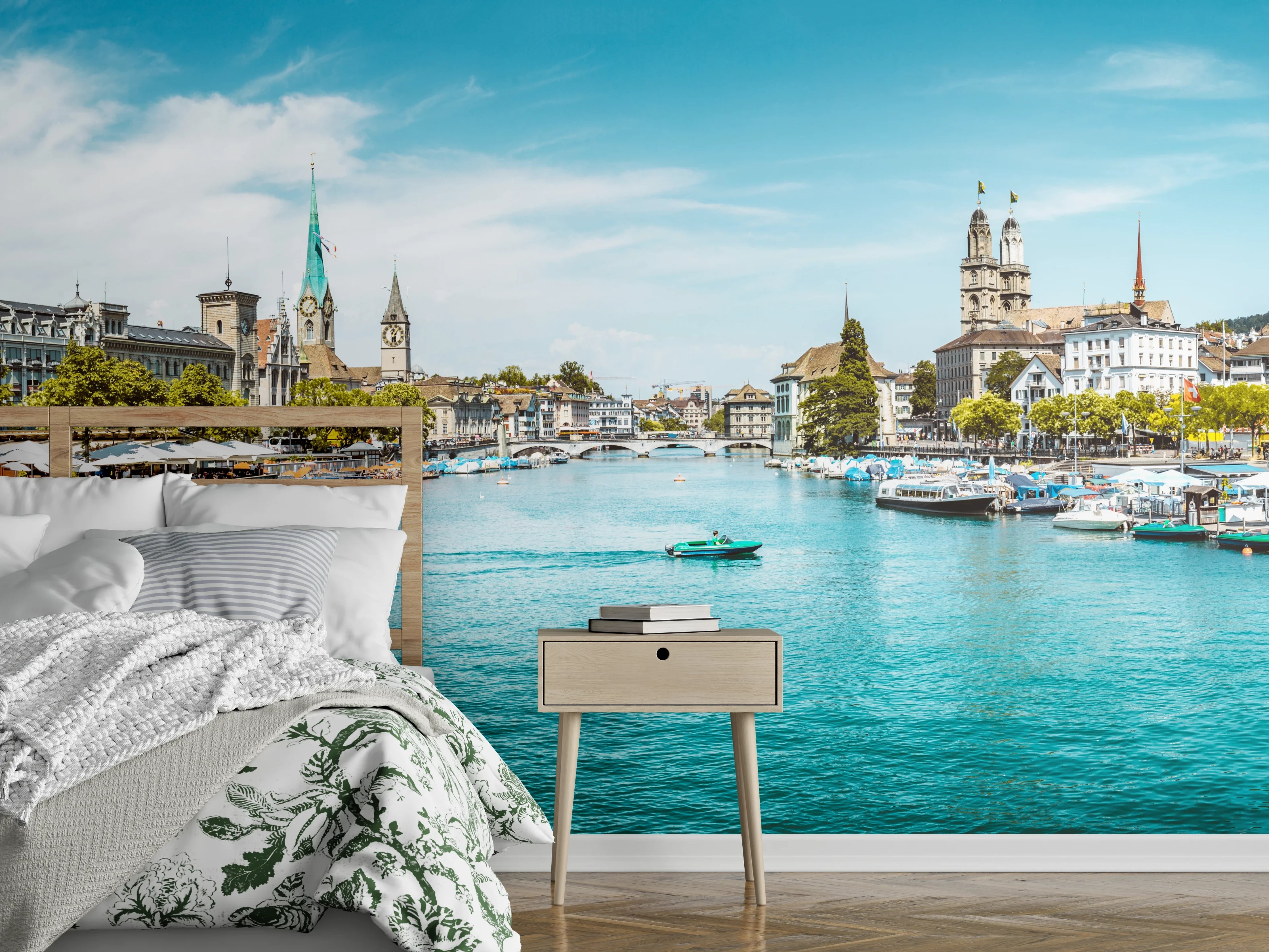 Wandverkleidung Schlafzimmer - Zürich Skyline Panorama mit Fluss Limmat