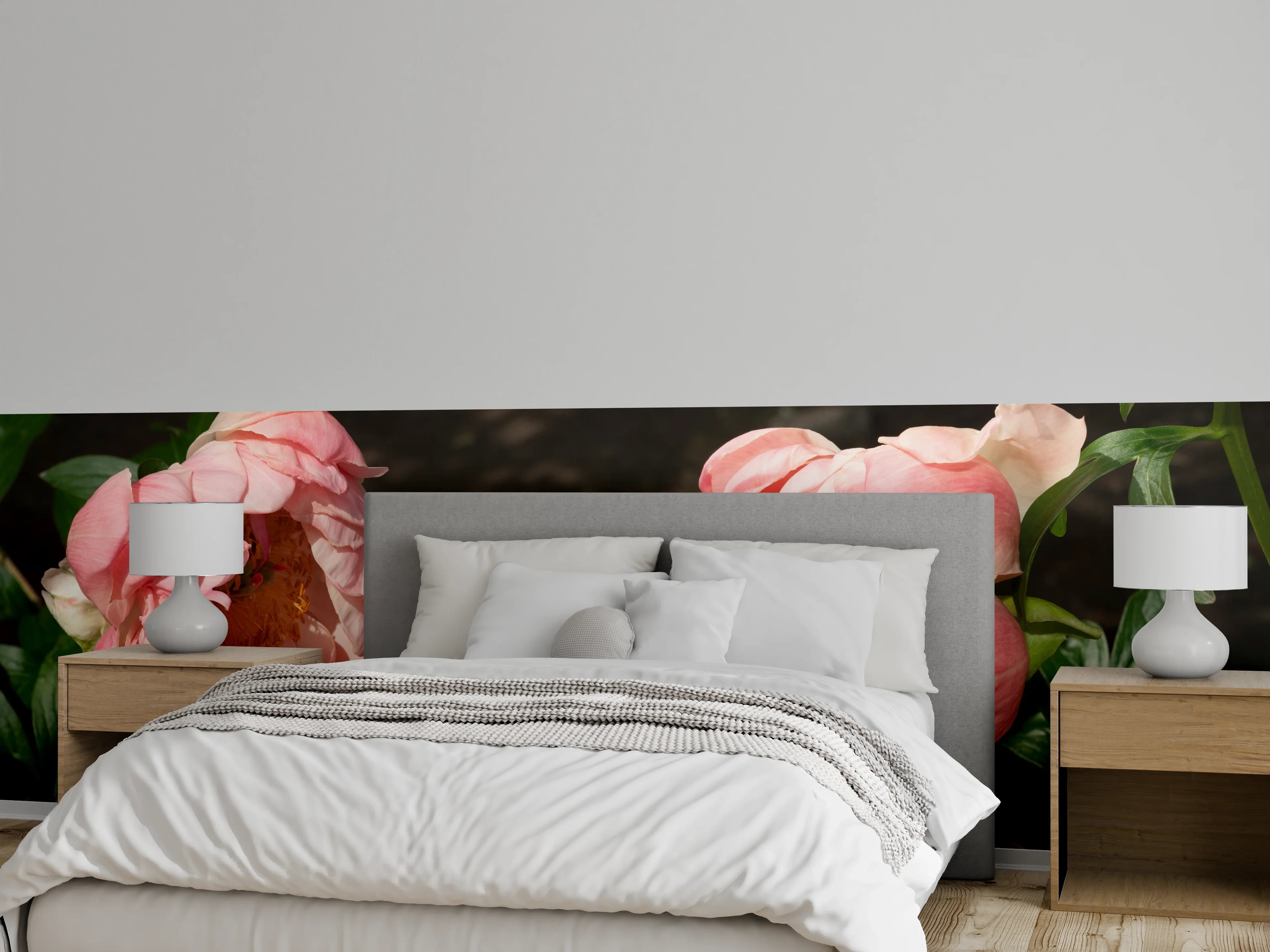Wandverkleidung Schlafzimmer - Zwei rosa Pfingstrosen in einem alten Garten.
